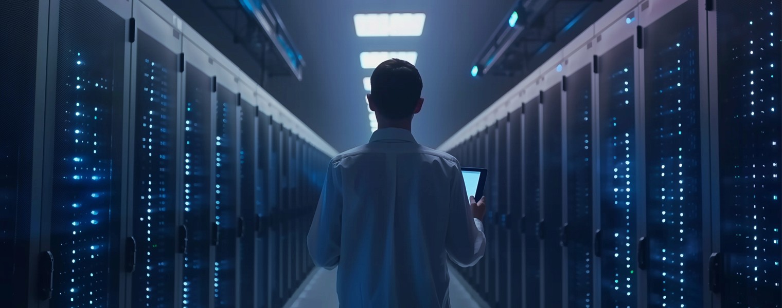 A technician examines rows of servers amid the data center crisis.