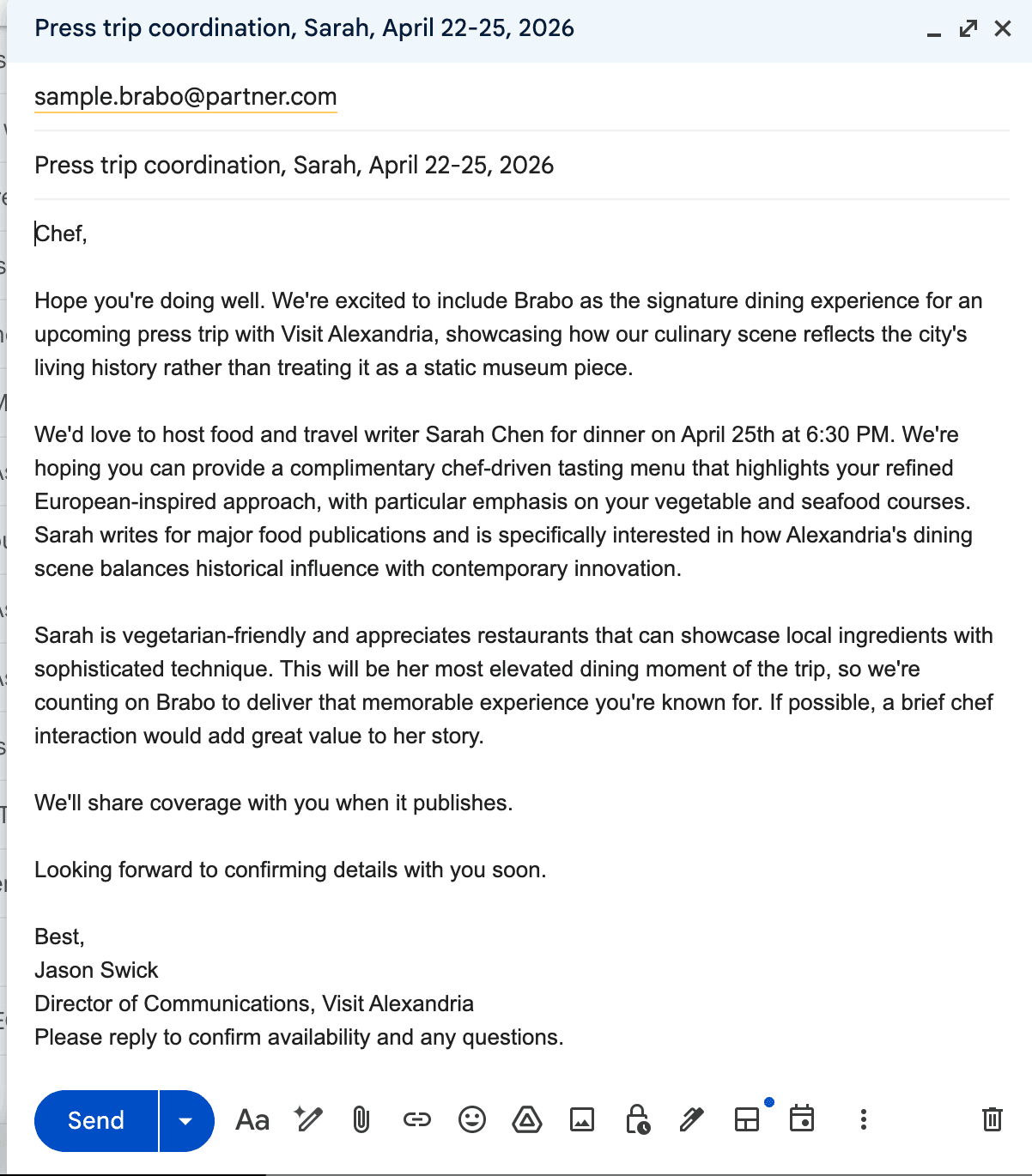 Personalized for the partner, not copied and pasted. Note: Sample destination and data used.