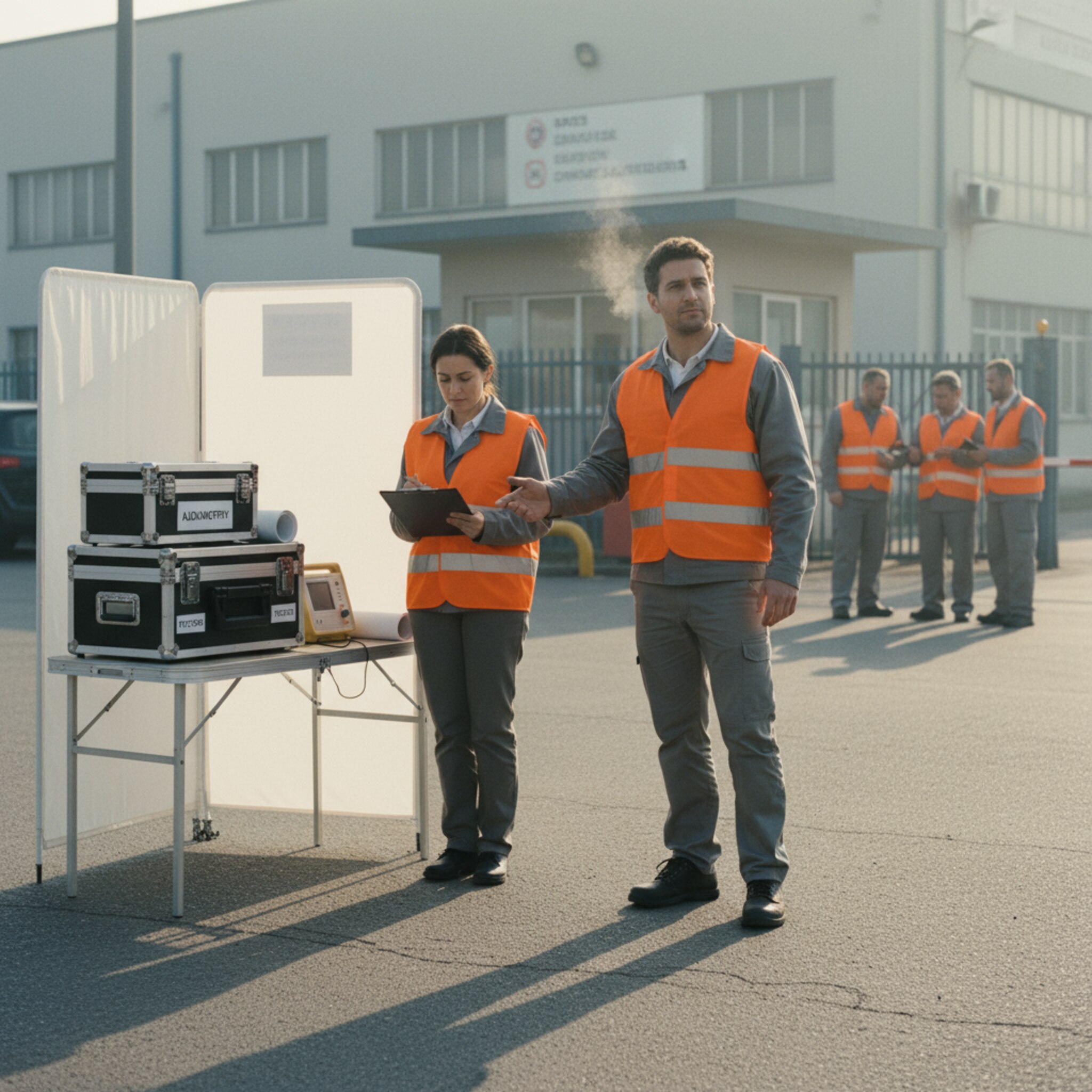 Vor dem Werkstor baut ein mobiles Team eine kleine Station mit Sichtschutz auf. Kisten mit Audiometrie- und Sehtest-Equipment stehen ordentlich bereit. Die Luft ist frisch, orangefarbene Westen reflektieren das Morgenlicht. Ein Mitarbeiter weist den Weg, während die Ärztin ihre Checkliste überfliegt. Die Szene wirkt effizient und ruhig.