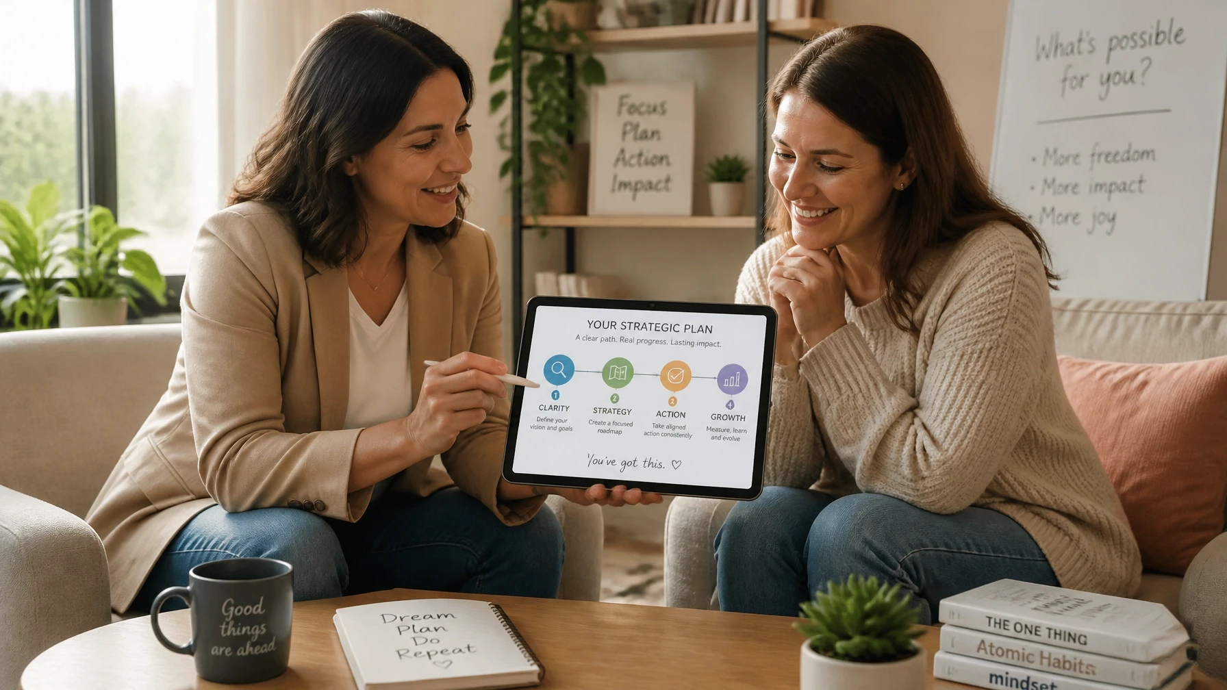 A coach and a client looking at a clear strategic plan together, representing breakthrough and clarity.