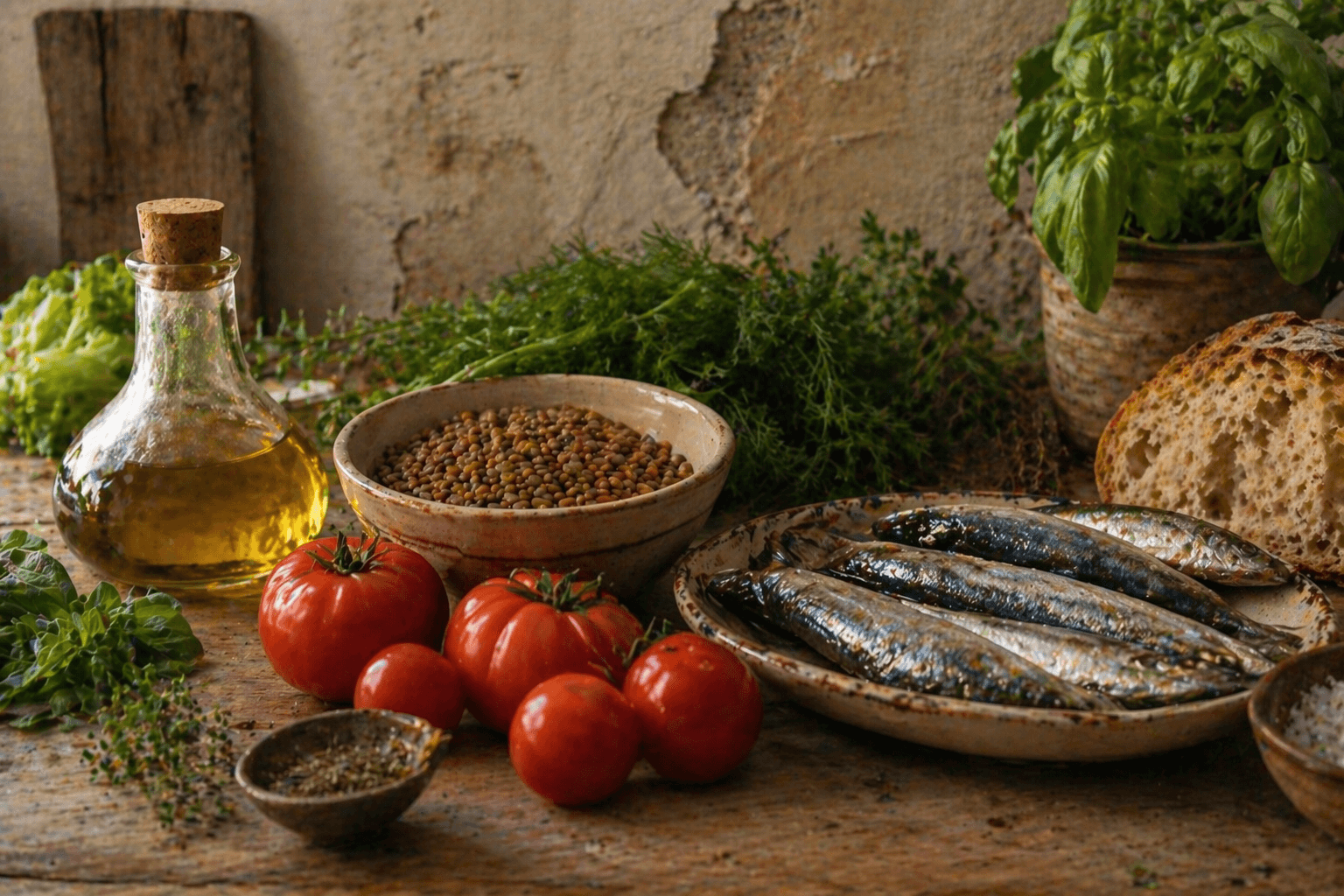 Mediterranean diet ingredients — olive oil, vegetables, legumes, fish — the foods with the strongest long-term evidence