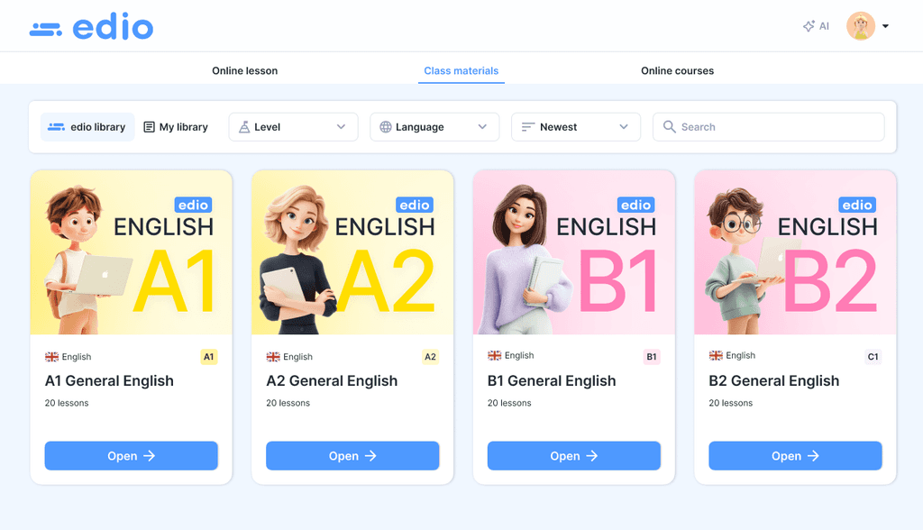 edio ESL lesson plan overview — interactive English lessons for adults
