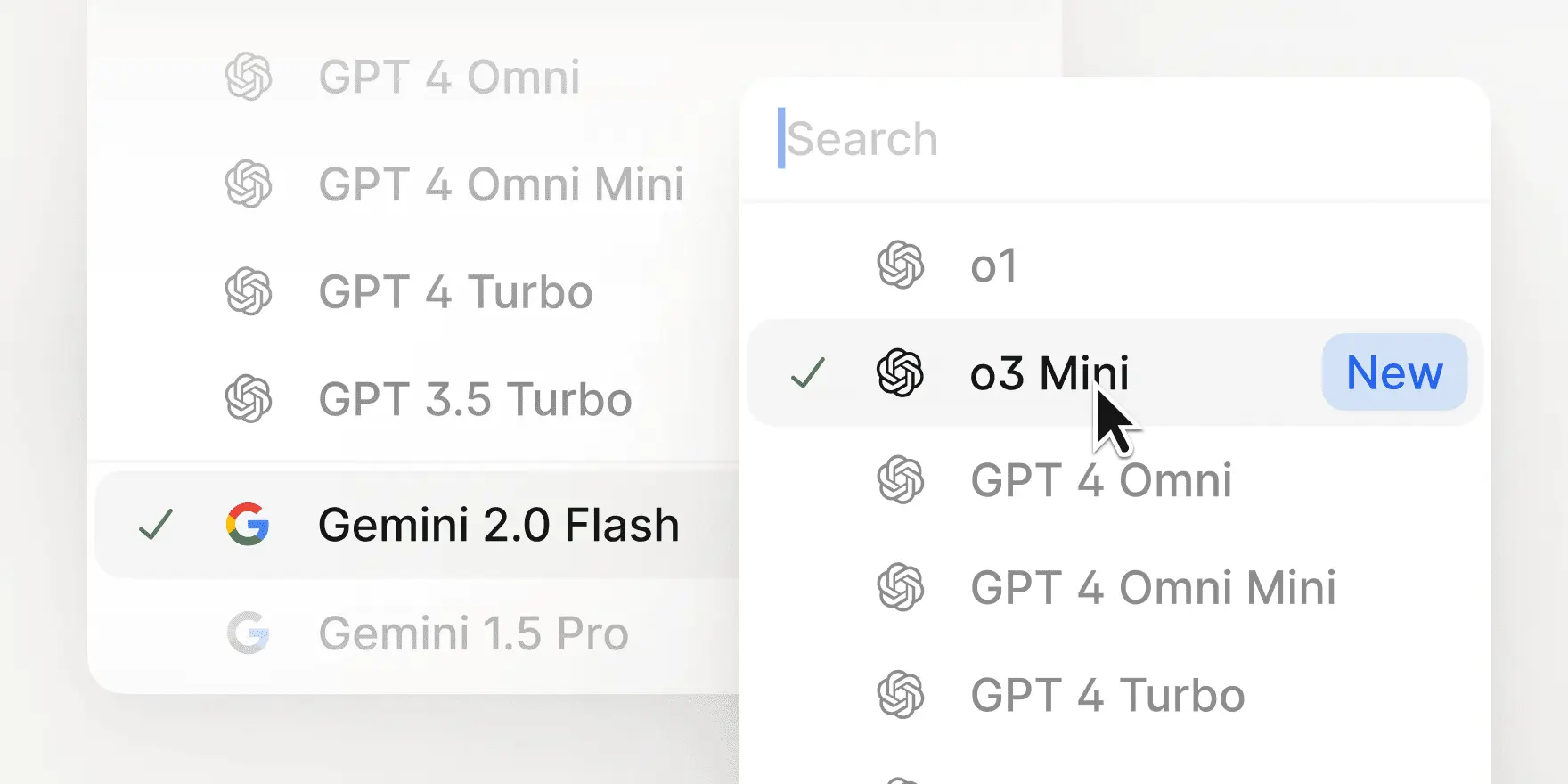 o3 Mini model selected with a New tag