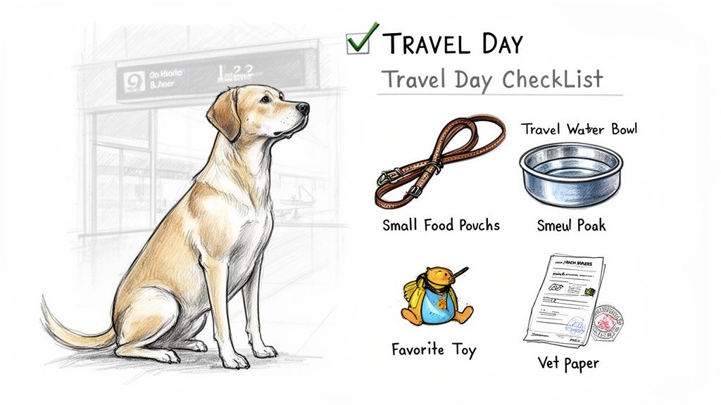 A yellow Labrador Retriever sits by an airport, next to a checklist for pet travel day essentials.