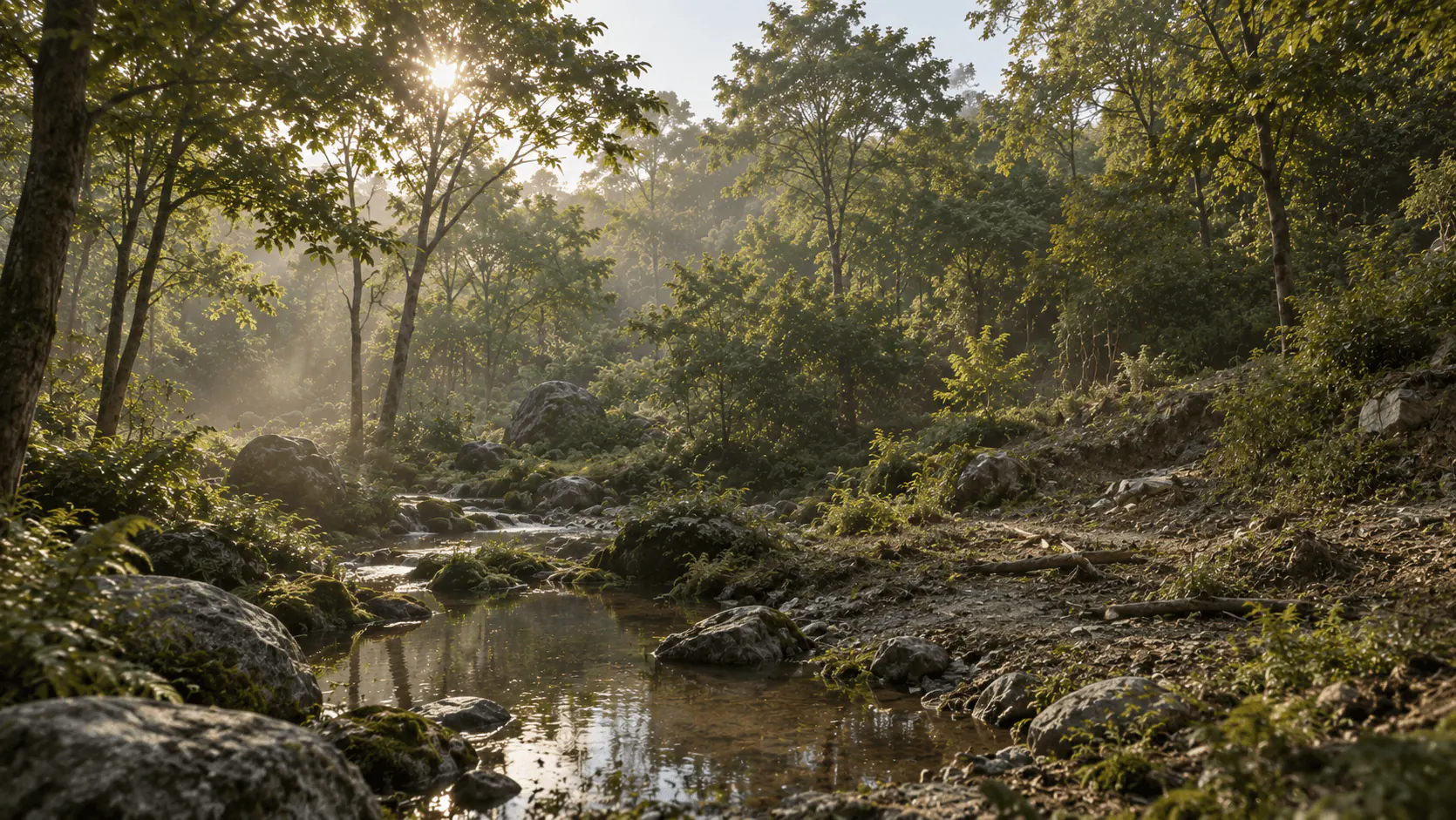 Forest Pavilion, before: a forest stream with no building