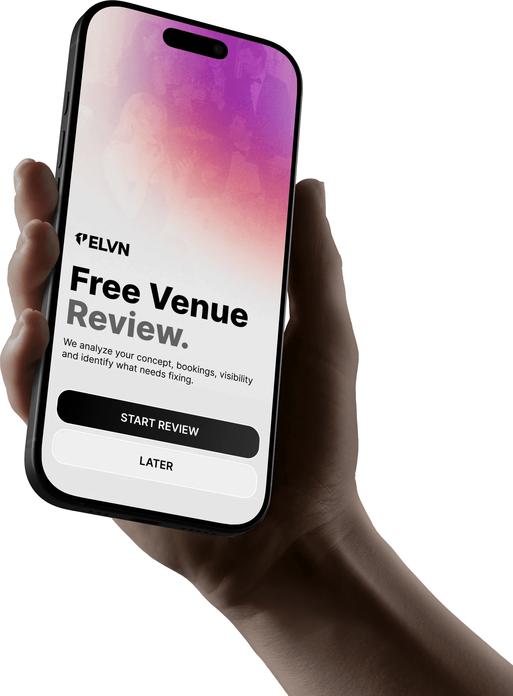 Hand holding a smartphone with a blank screen against a dark background.