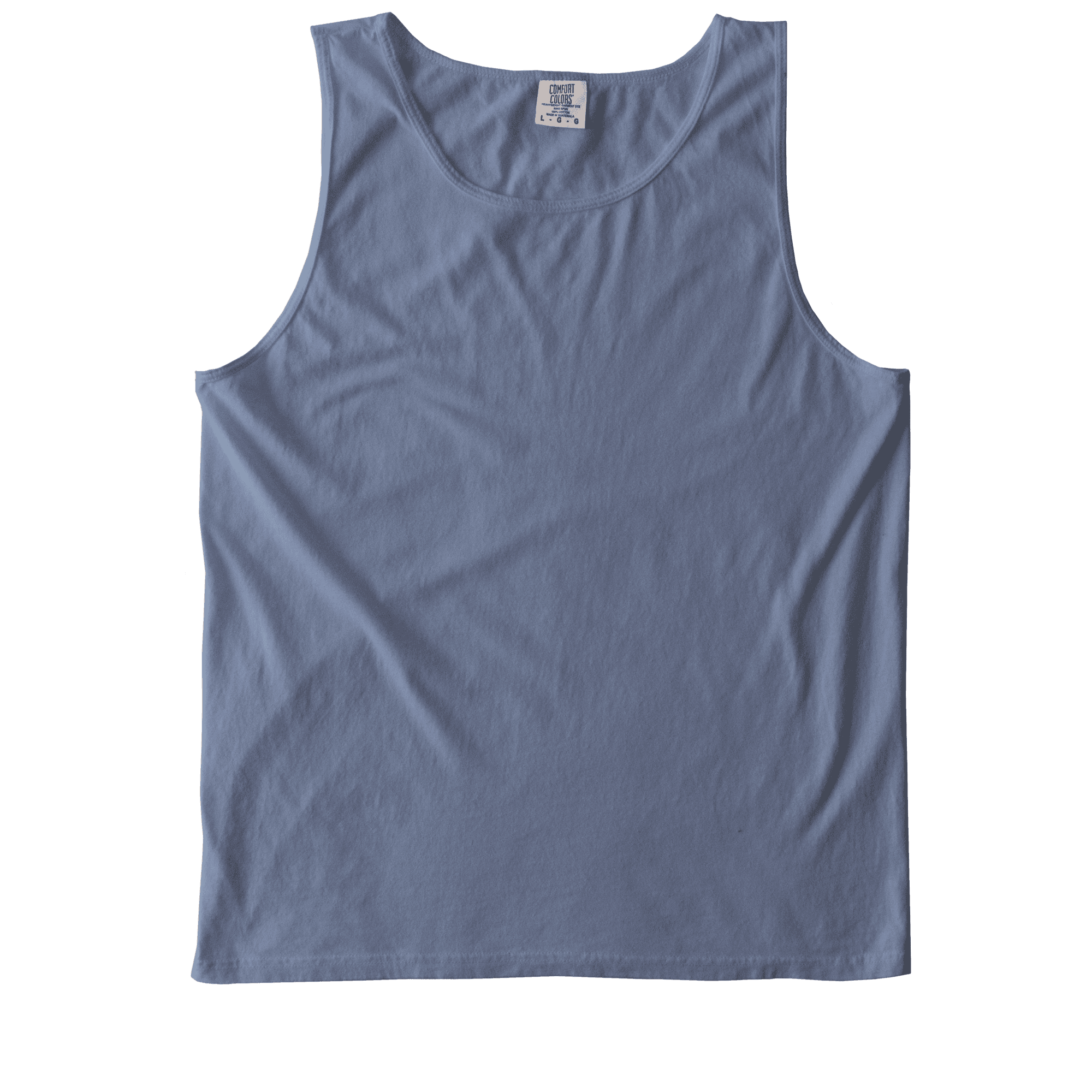 A light blue, simple, cotton tank top laid flat on a teal background.