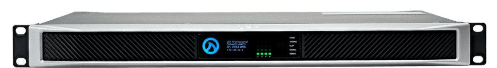 Professional amplifier with black front panel and indicators.