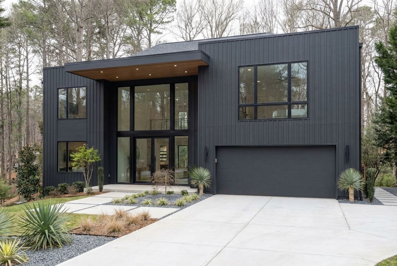 Contemporary home remodel with dark siding and modern windows using AI visualization