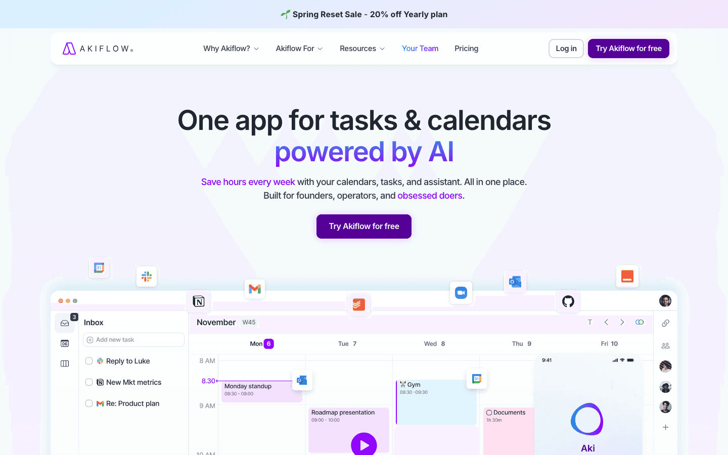 Akiflow planner showing task inbox and weekly calendar layout