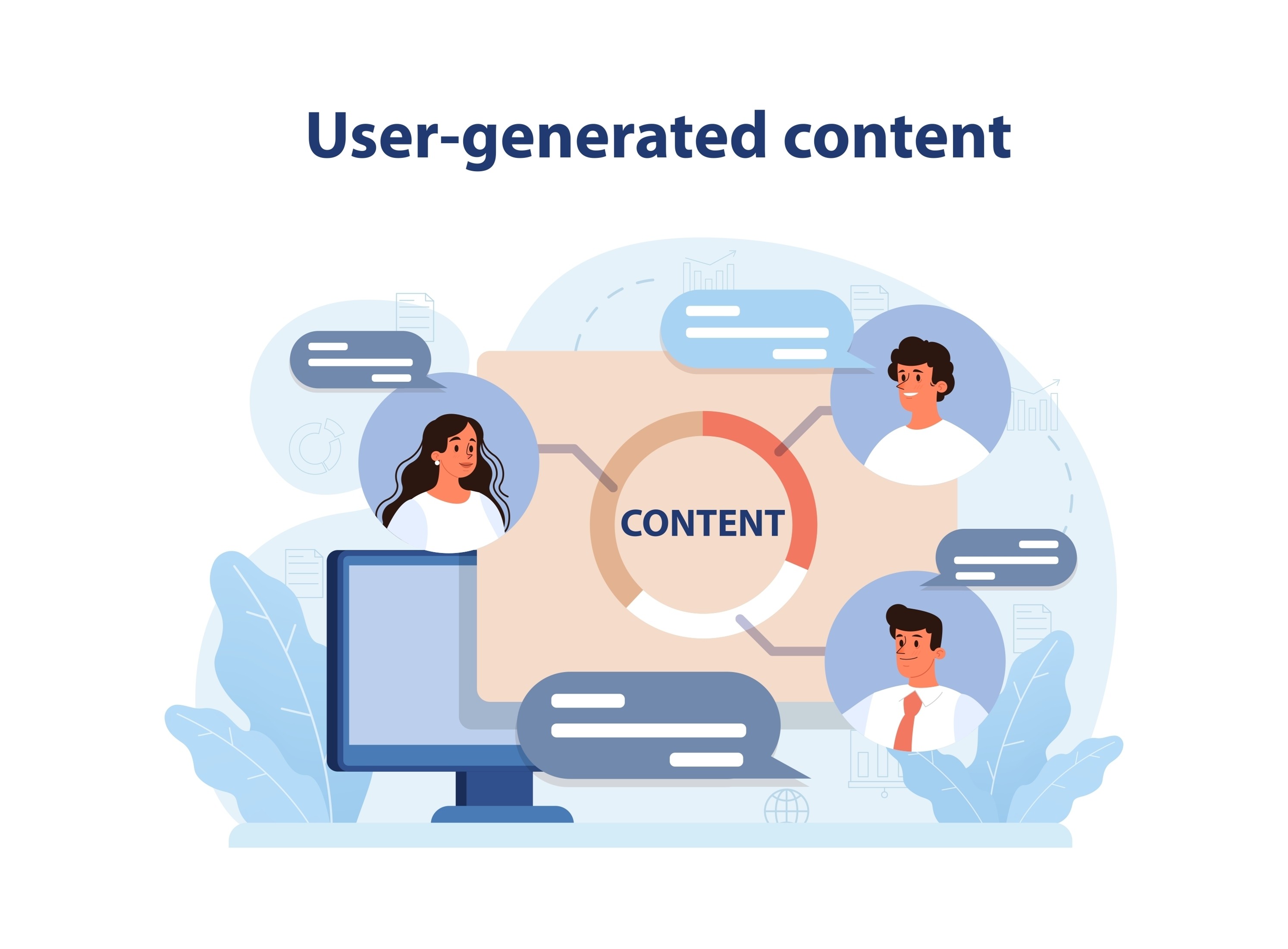 Illustration of multiple creators contributing to a central content hub, representing user-generated content strategy for e-commerce brand marketing