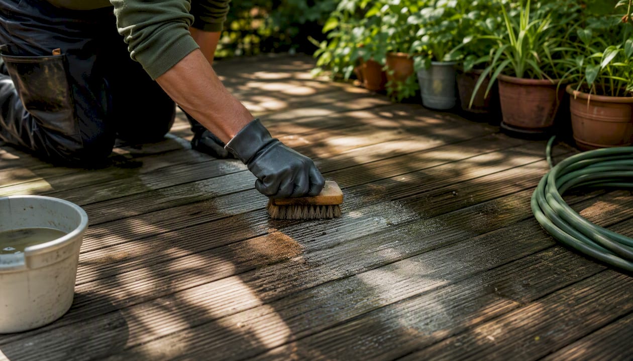 Scrubbing wood grain on deck with stiff brush