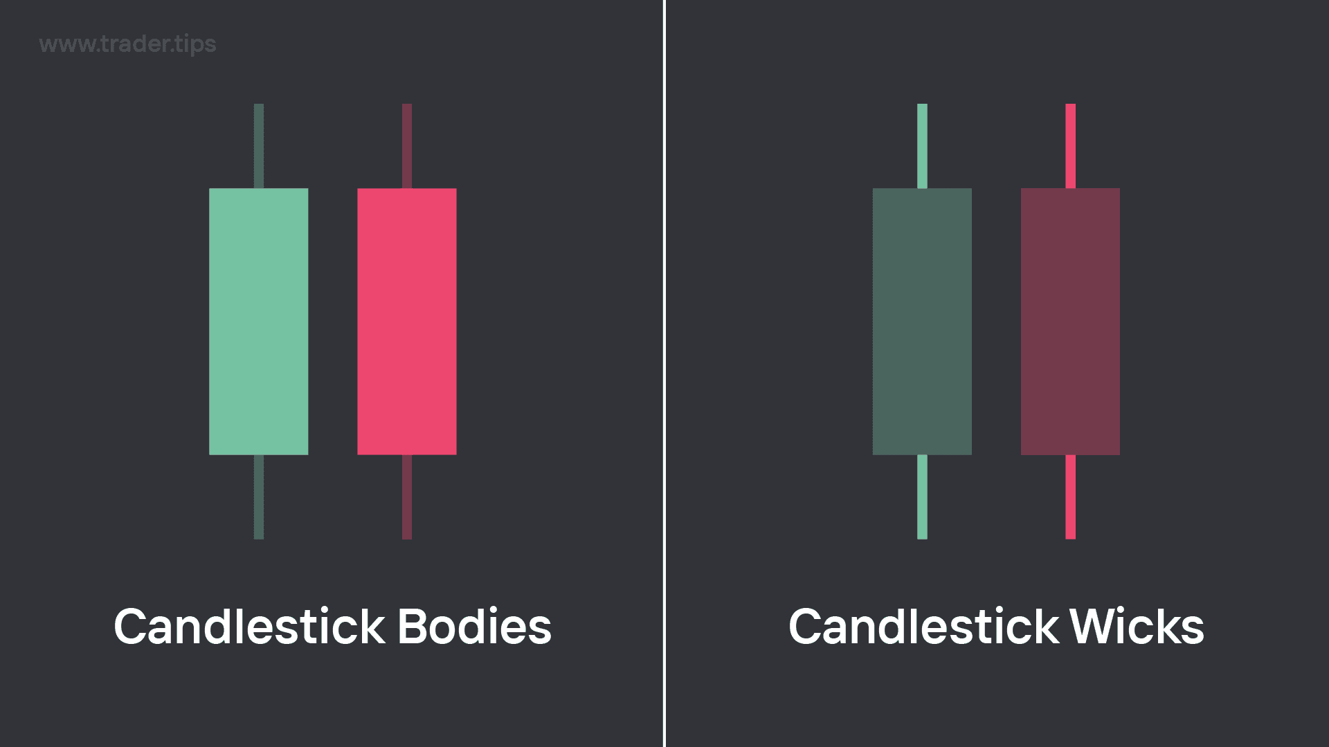 Candlestick Bodies and Candlestick Wicks of a bullish candle and a bearish candle.