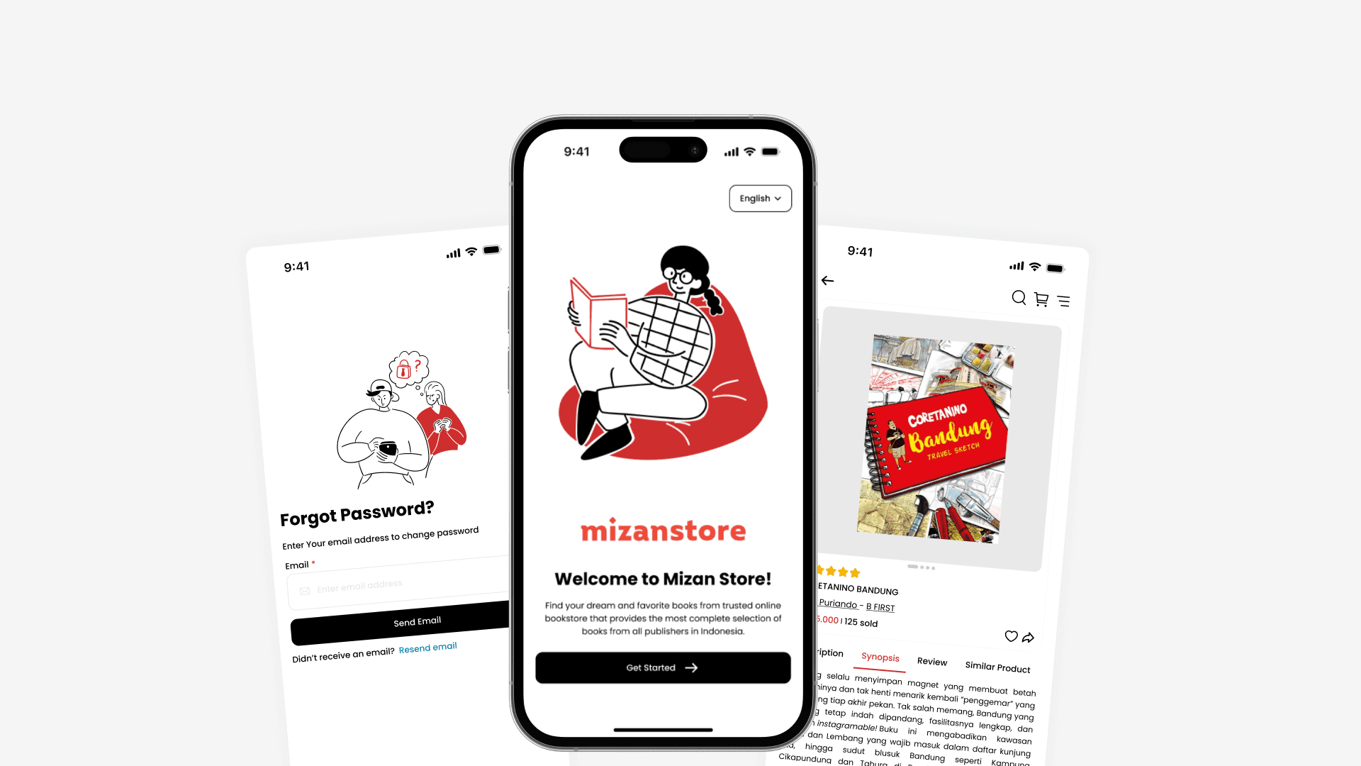 Smartphone displaying the Mizan Store app, featuring a woman reading on a red chair. Flanked by password recovery and book detail screens. Cozy and engaging tone.