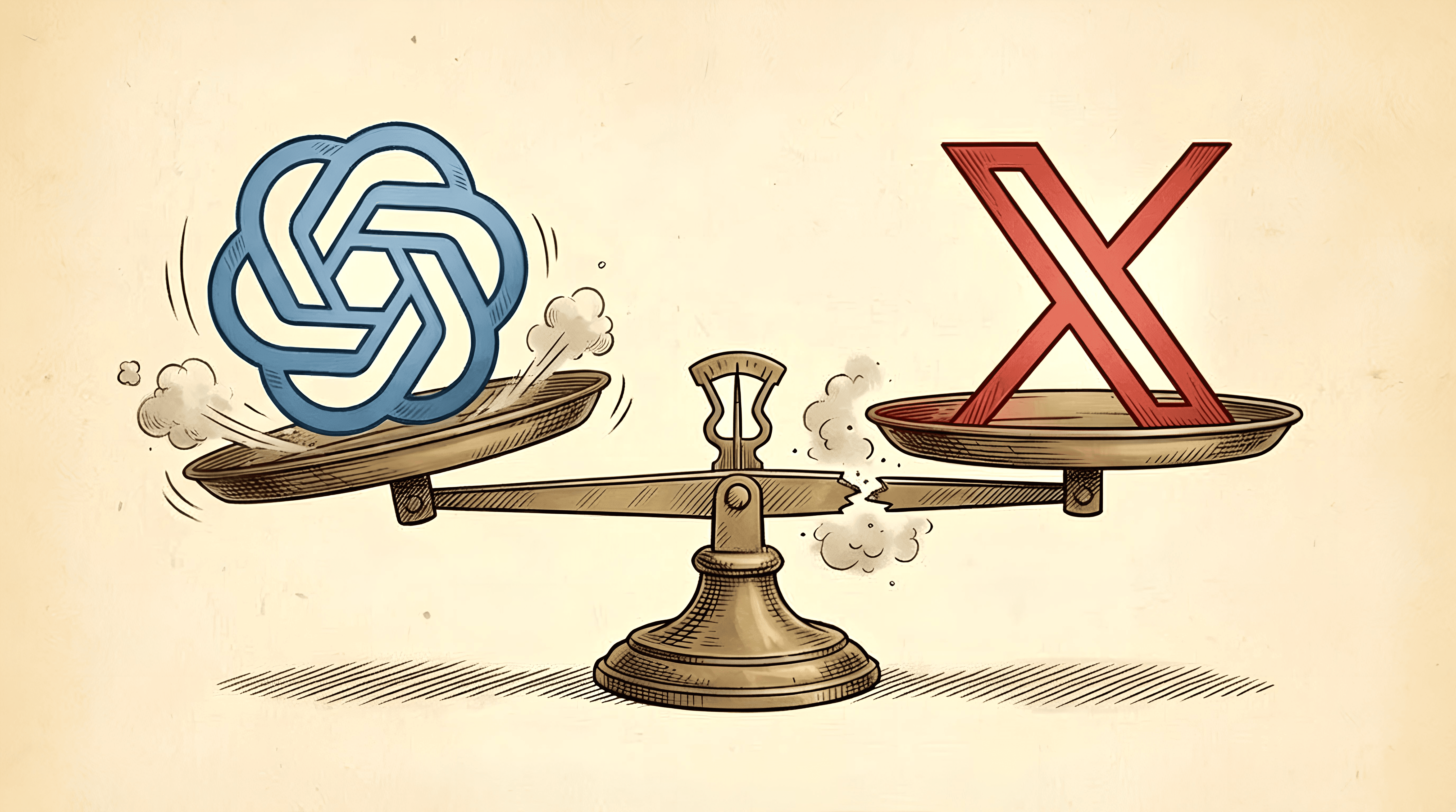 ChatGPT logo and X-logo weighing on an old scale