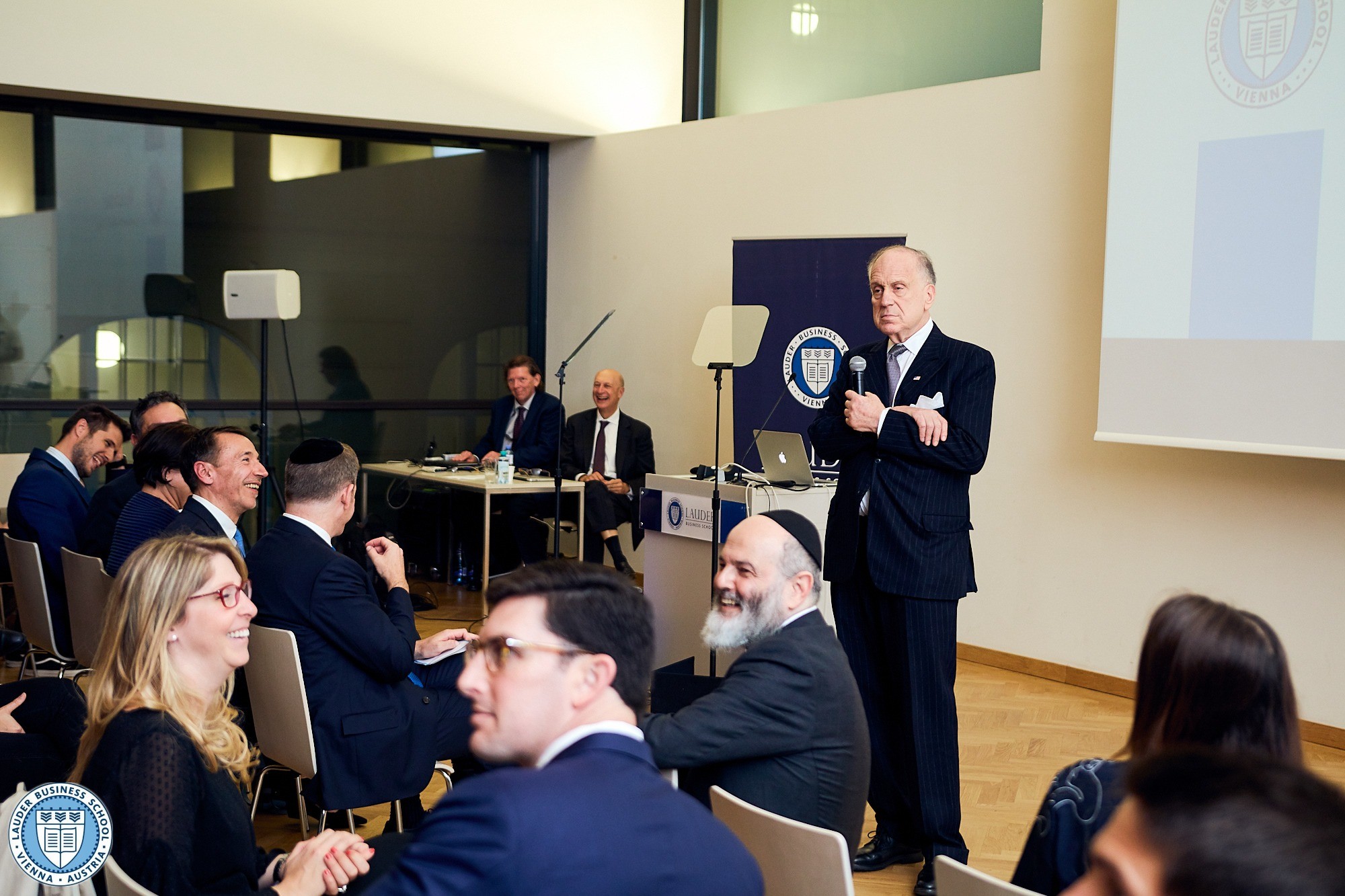 Founder and President Ambassador Ronald Lauder talking to LBS Students