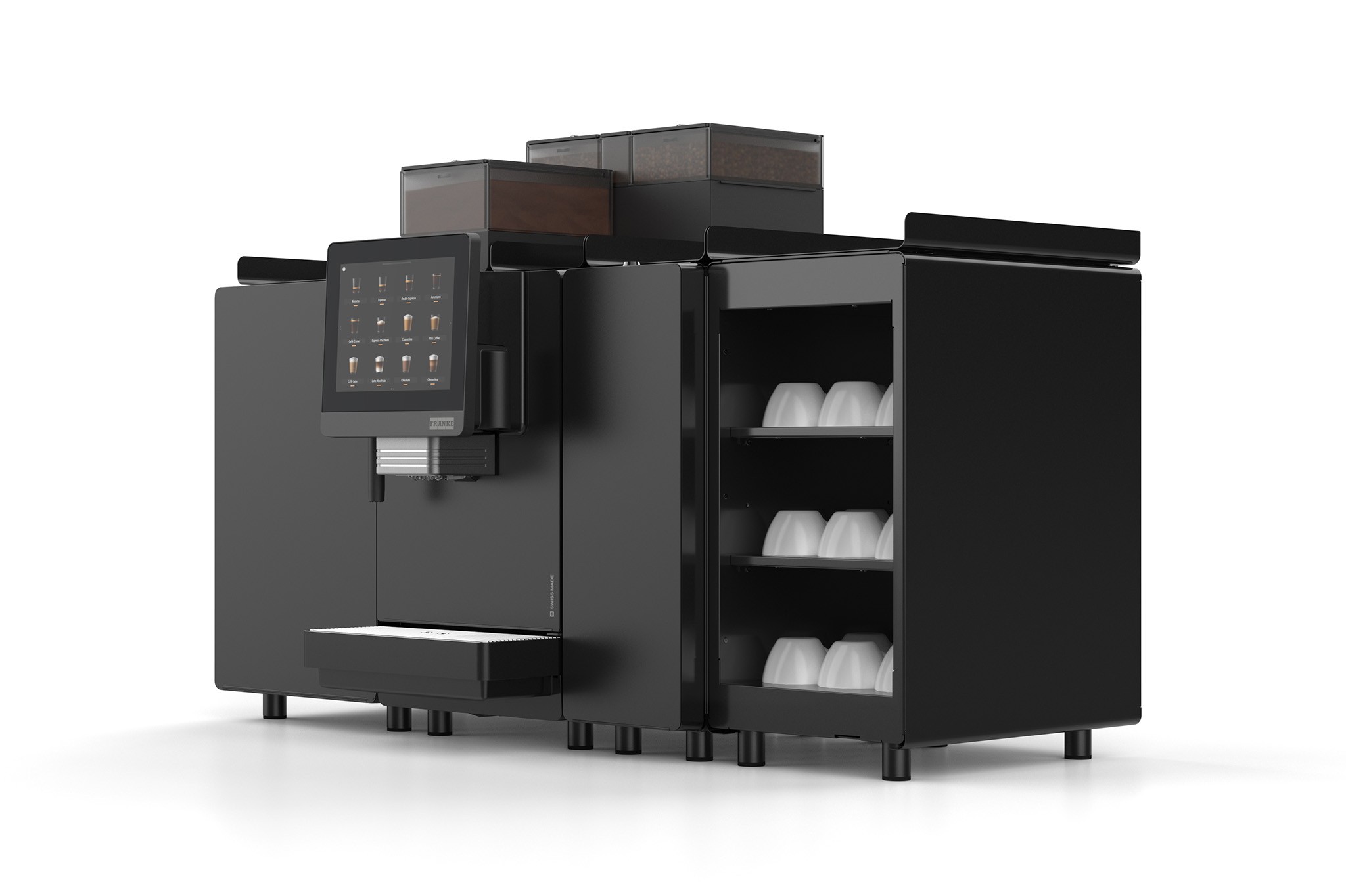 Ansicht von rechts-vorne von neuer A-Linie Kaffee-Vollautomat in schwarz bestehend aus Kaffeemaschine, Kühlschrank-Modul, Flavour-Station und Tassenwärmer (Franke, 2025)