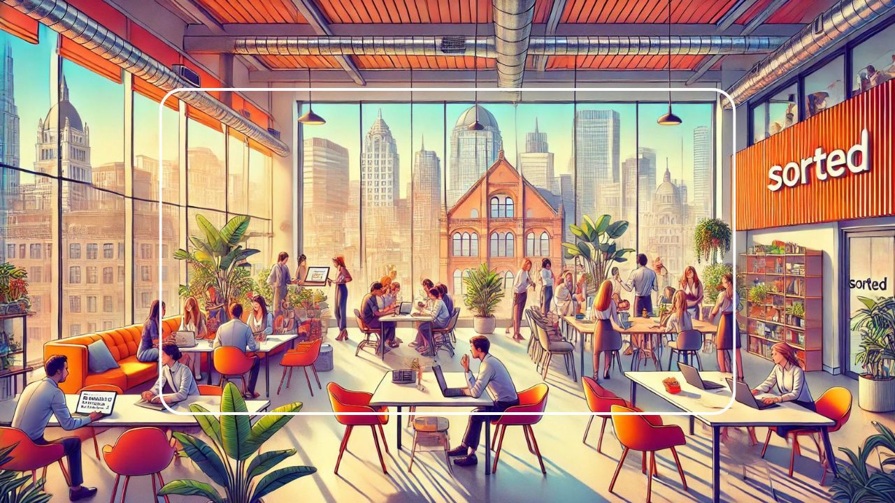 Colorful office scene with people collaborating, working on laptops, and a city skyline visible through large windows