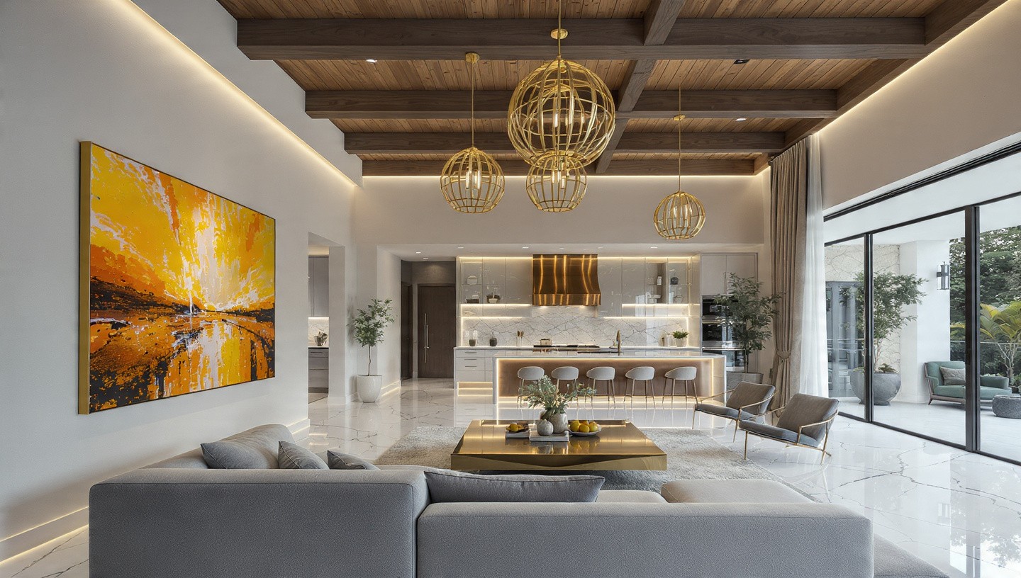 Spacious modern living room with gray sofa, gold accents, and a vibrant yellow abstract painting. Large windows and wooden ceiling beams add warmth.