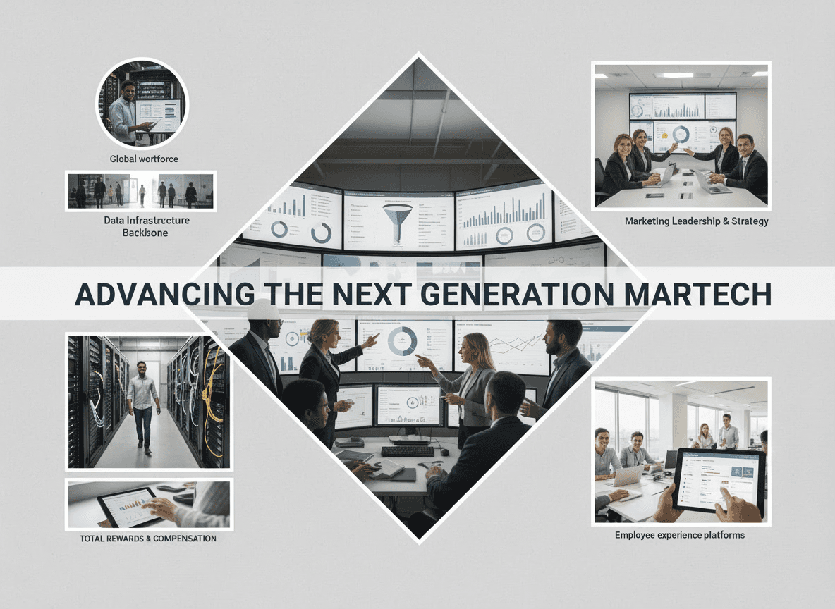 “Marketing leadership and analysts reviewing real-time campaign dashboards in a modern marketing command workspace advancing next-generation MarTech.”