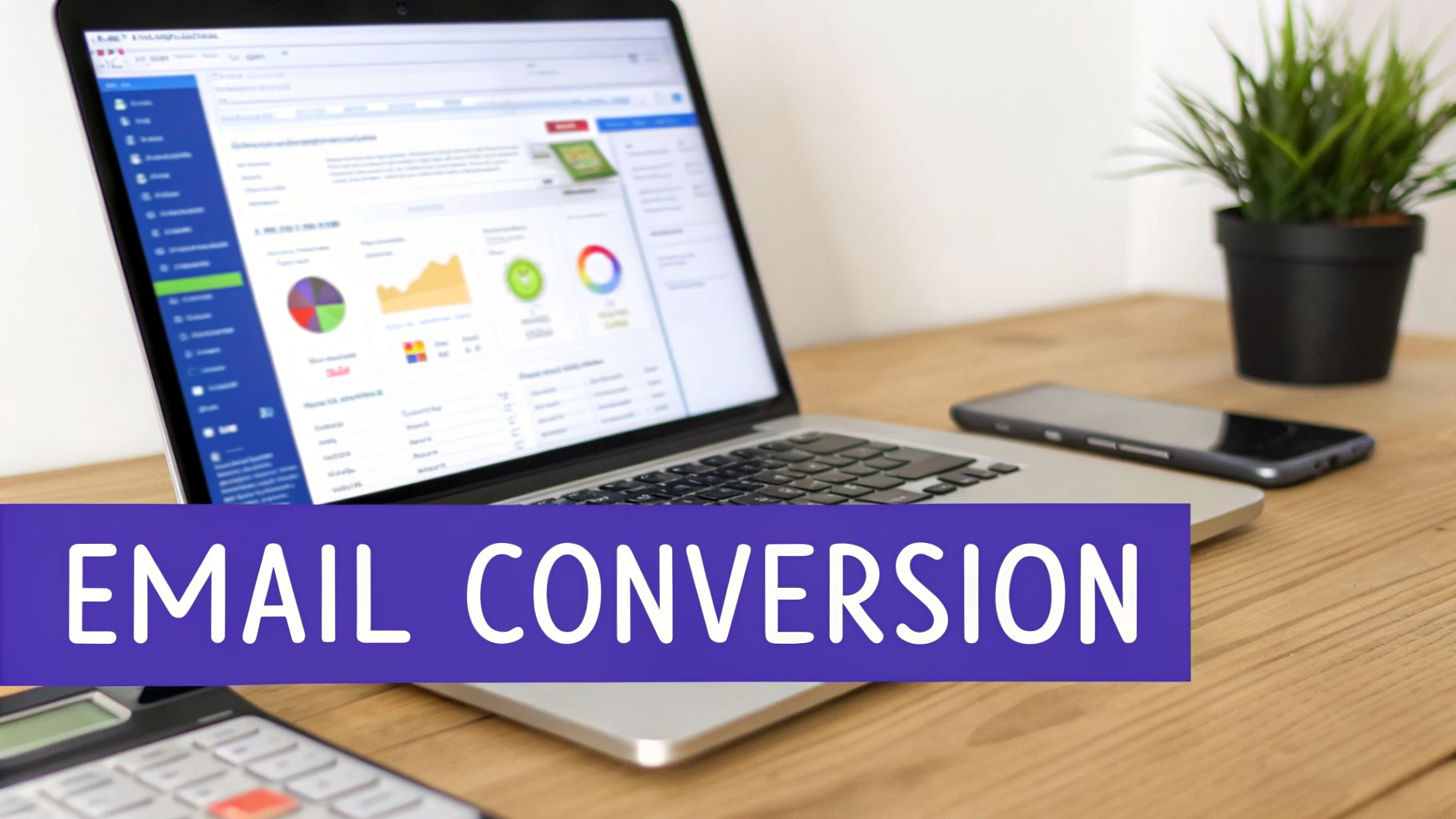 A laptop displaying email conversion analytics and data, with a smartphone, calculator, and plant on a wooden desk.