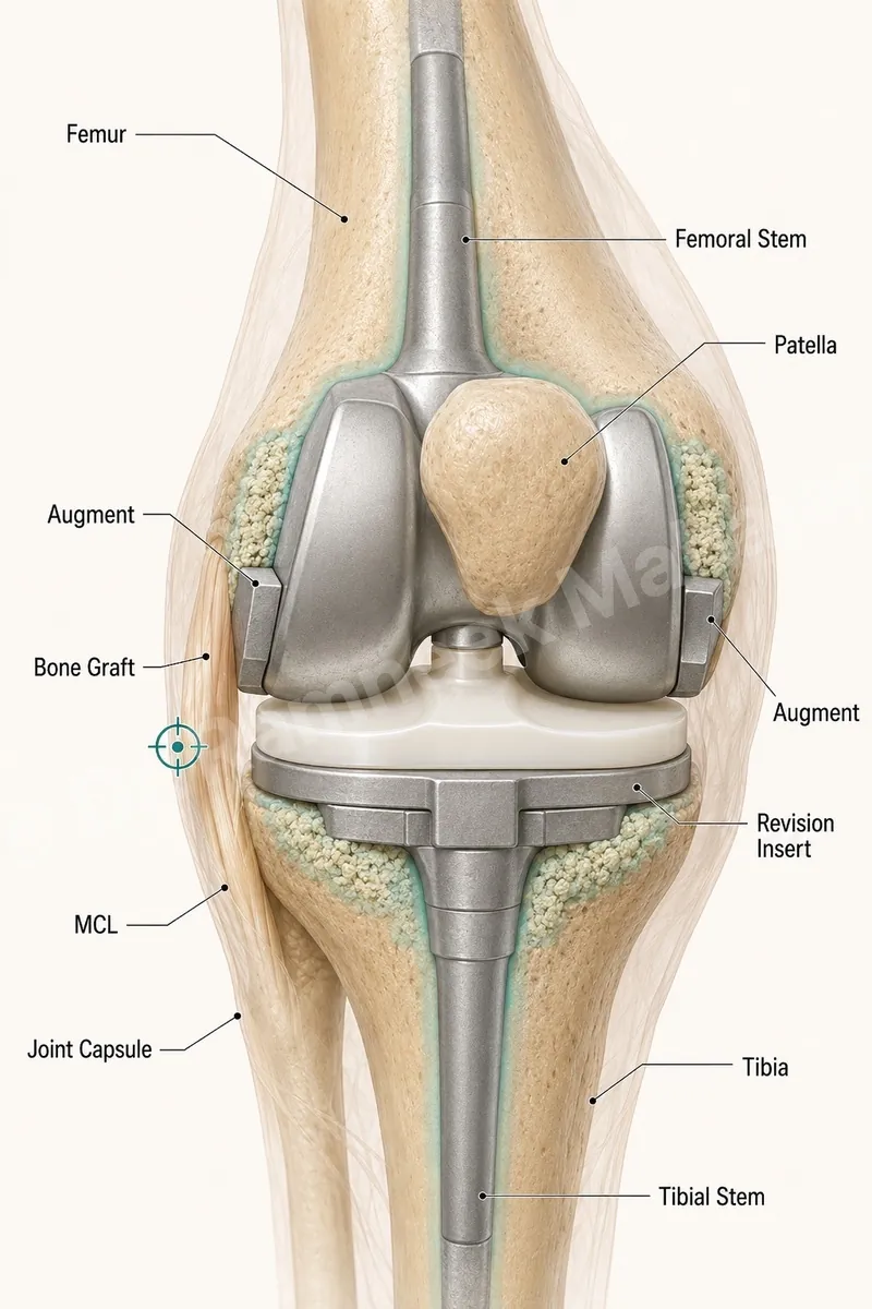Revision knee replacement with stemmed components, augments and bone graft restoring stability after primary implant failure.