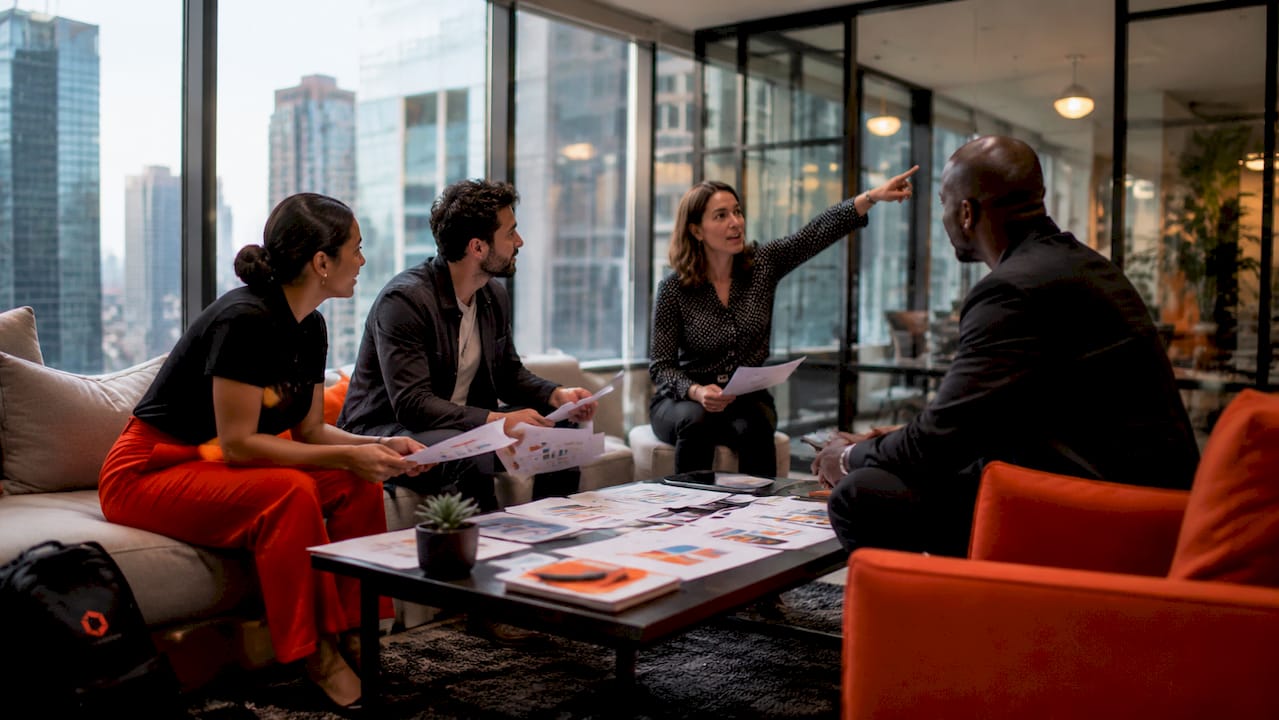 Business team discussing website redesign benefits