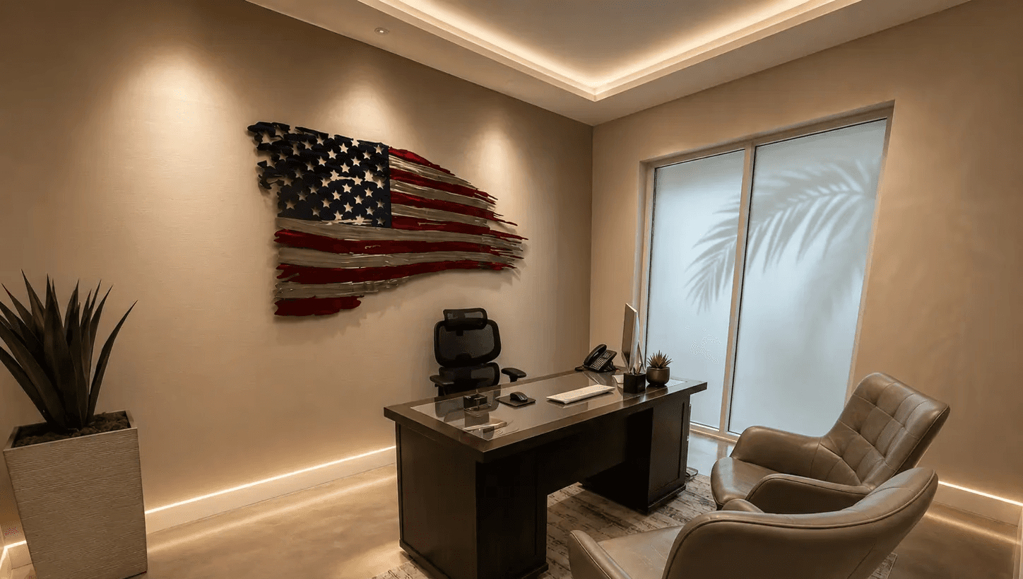 Consultation office with a wooden American flag and a desk
