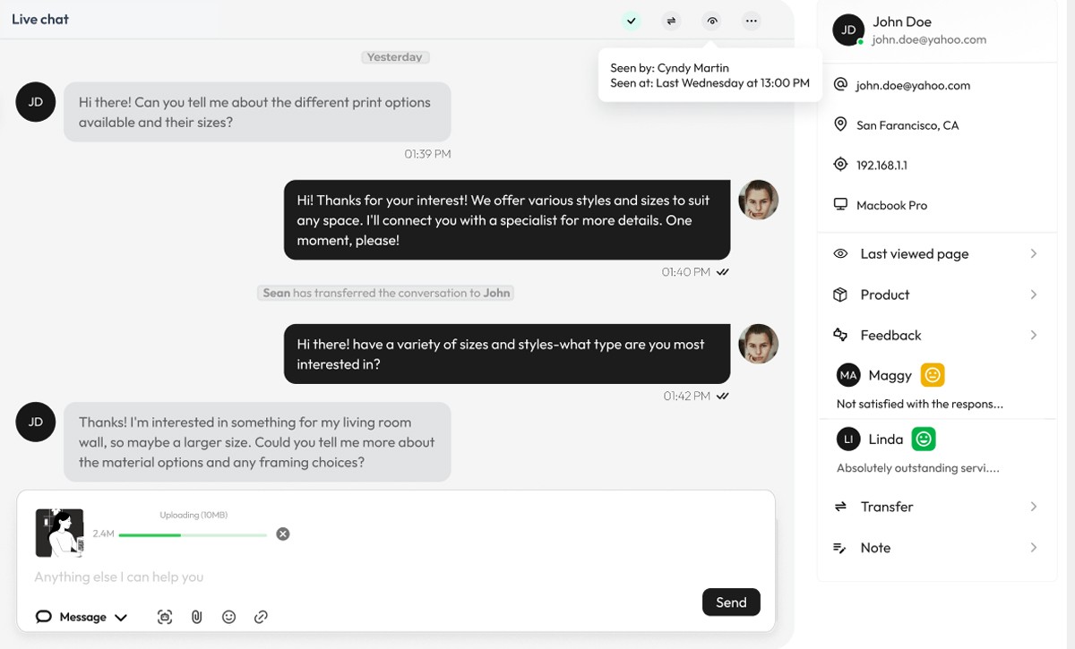 AskDolphin live chat view showing an active conversation, file upload in progress, and customer details panel with device, location, and activity history.