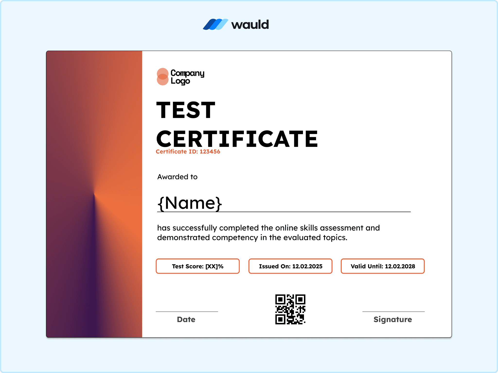 Test certificate template with warm coral-to-pink gradient panel