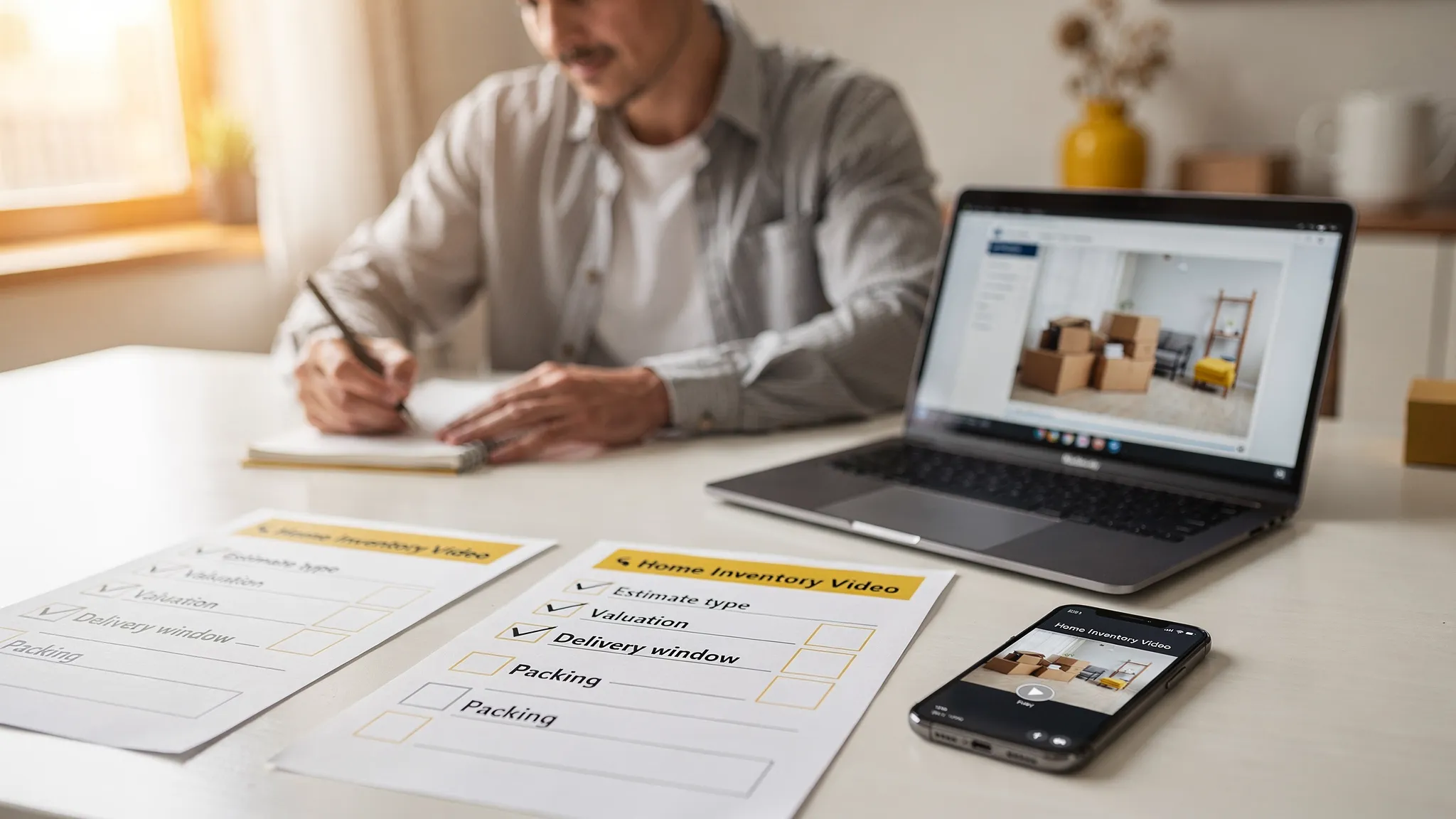 A homeowner sitting at a dining table with a laptop and a notepad, comparing three moving quotes side by side. The table shows a simple checklist (estimate type, valuation, delivery window, packing) and a smartphone with a home inventory video paused on screen, with the phone screen facing the viewer correctly.