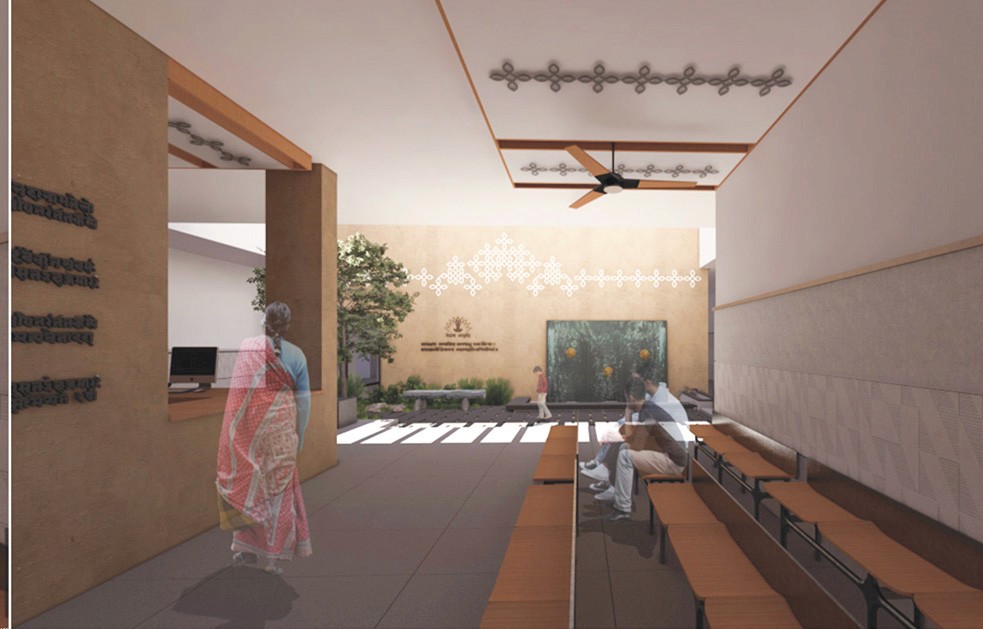 Vedansh Ayurveda, Malkapur – waiting area with mud-plastered walls and kolam detailing around a courtyard, designed by Rooted Narratives, Bengaluru.