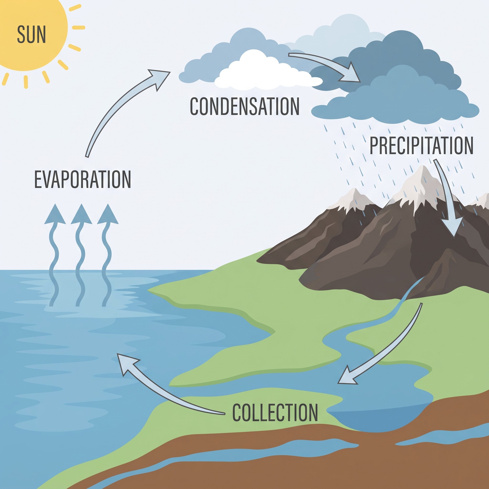 Water cycle diagram showing evaporation, condensation, precipitation and collection