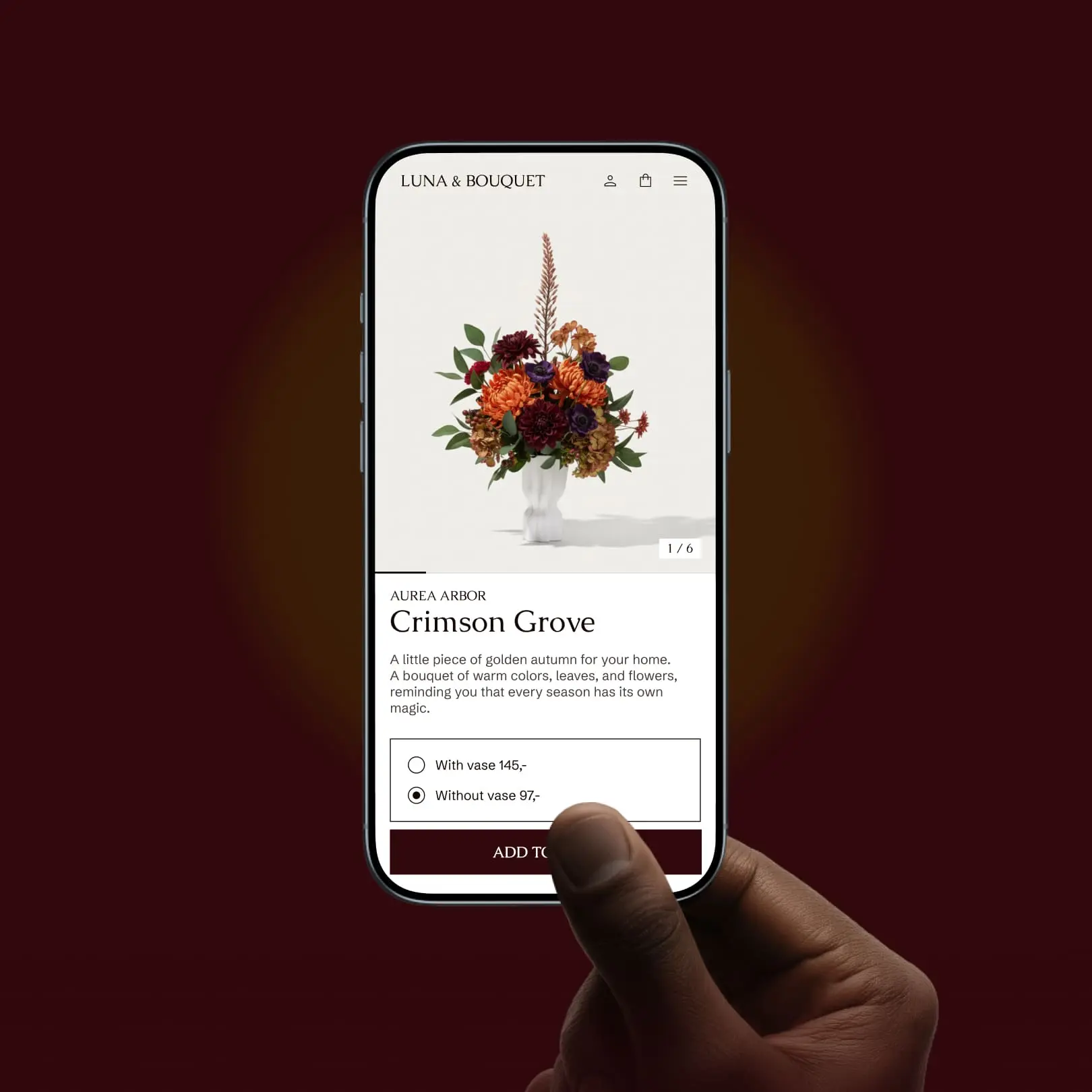 Mobile e-commerce product page interface design for "Luna & Bouquet" floral shop, showing an autumn bouquet.