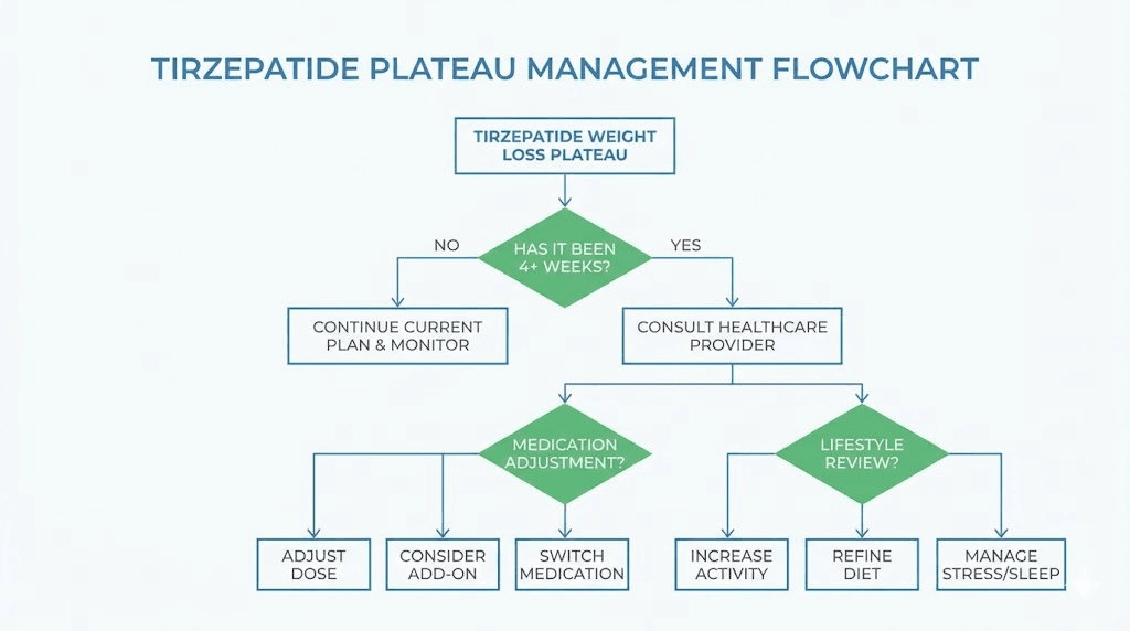 Weight loss plateau decision flowchart for tirzepatide and phentermine combination therapy