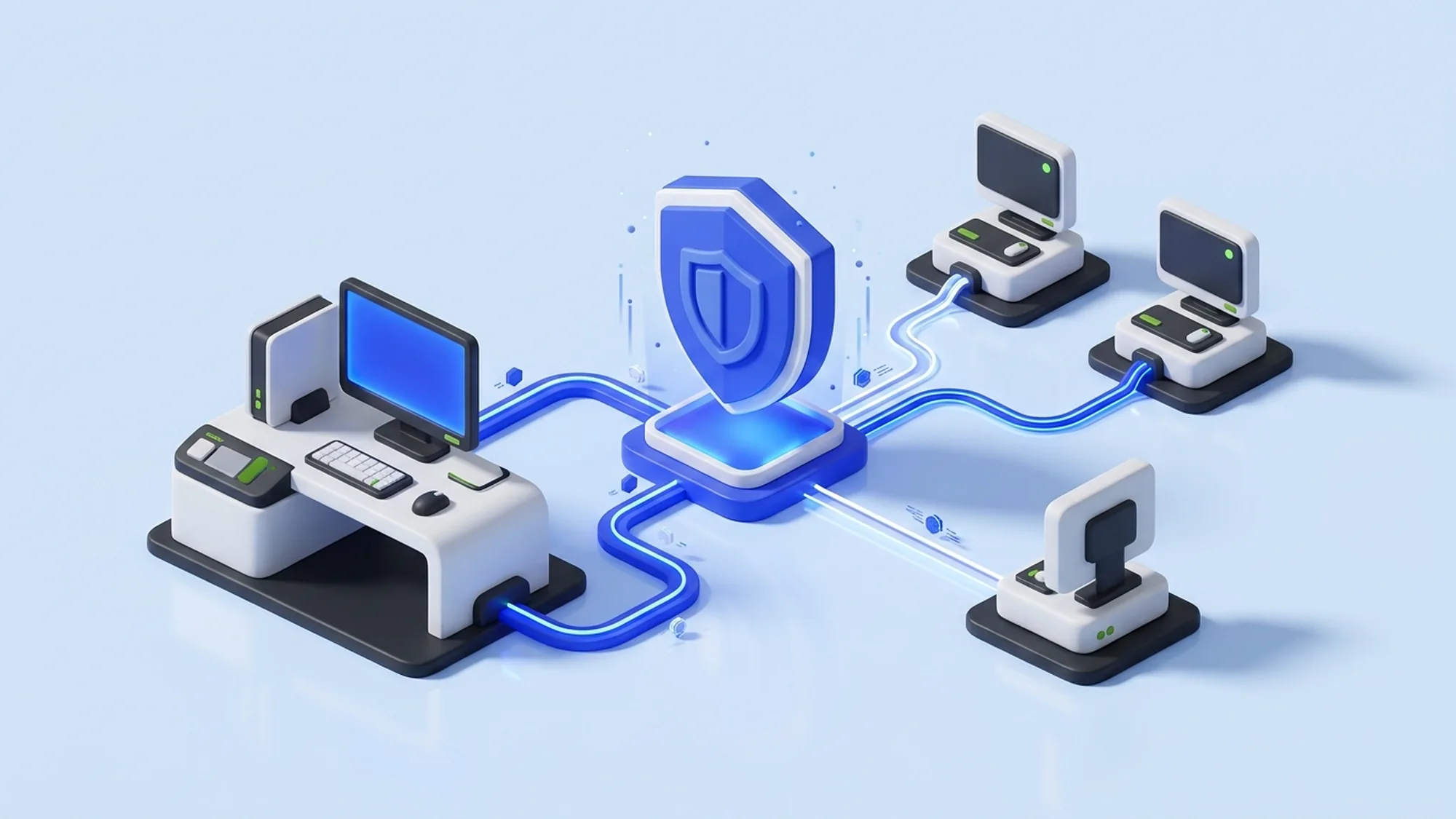 Illustration 3D de la continuité de service : un poste principal et deux postes de backup prêts à prendre le relais