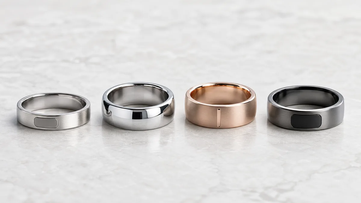 Different smart tasbih ring models lined up on a bright stone surface for comparison