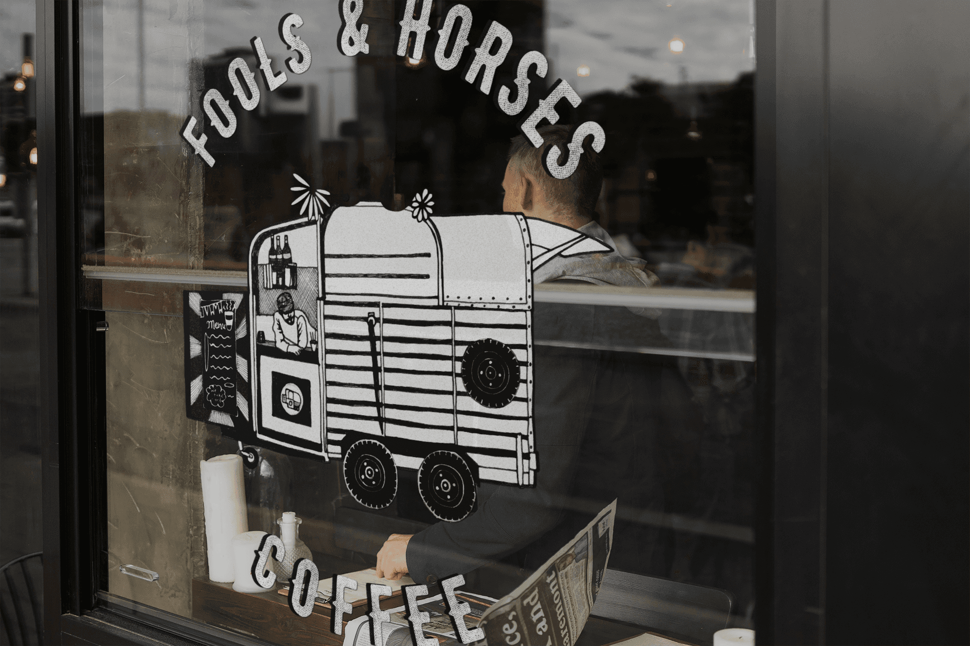 Fools & Horses Coffee storefront – Window signage design for Irish coffee shop brand.