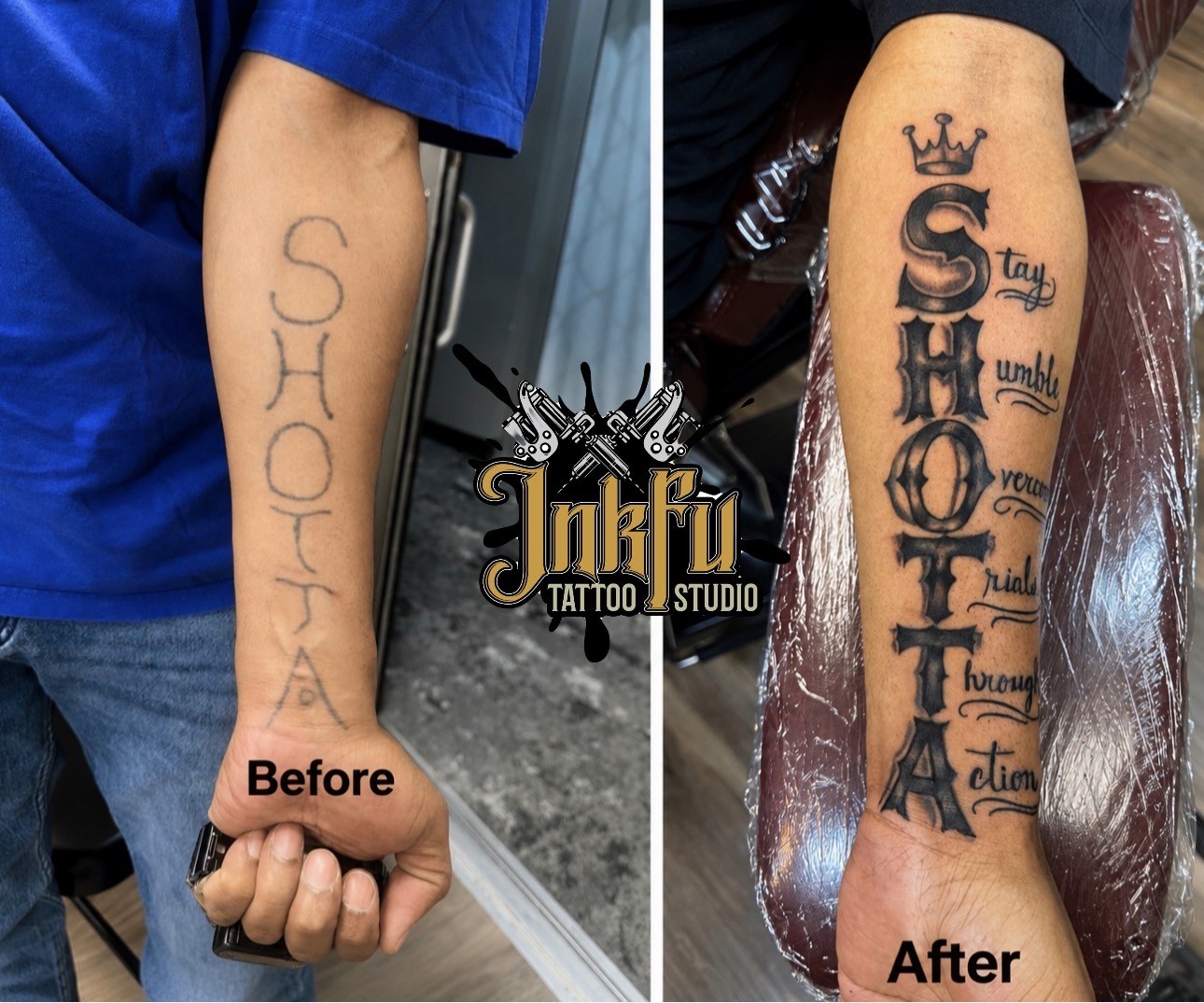Script Rework Sleeve: cover-up tattoo on the forearm, by Meer Rich