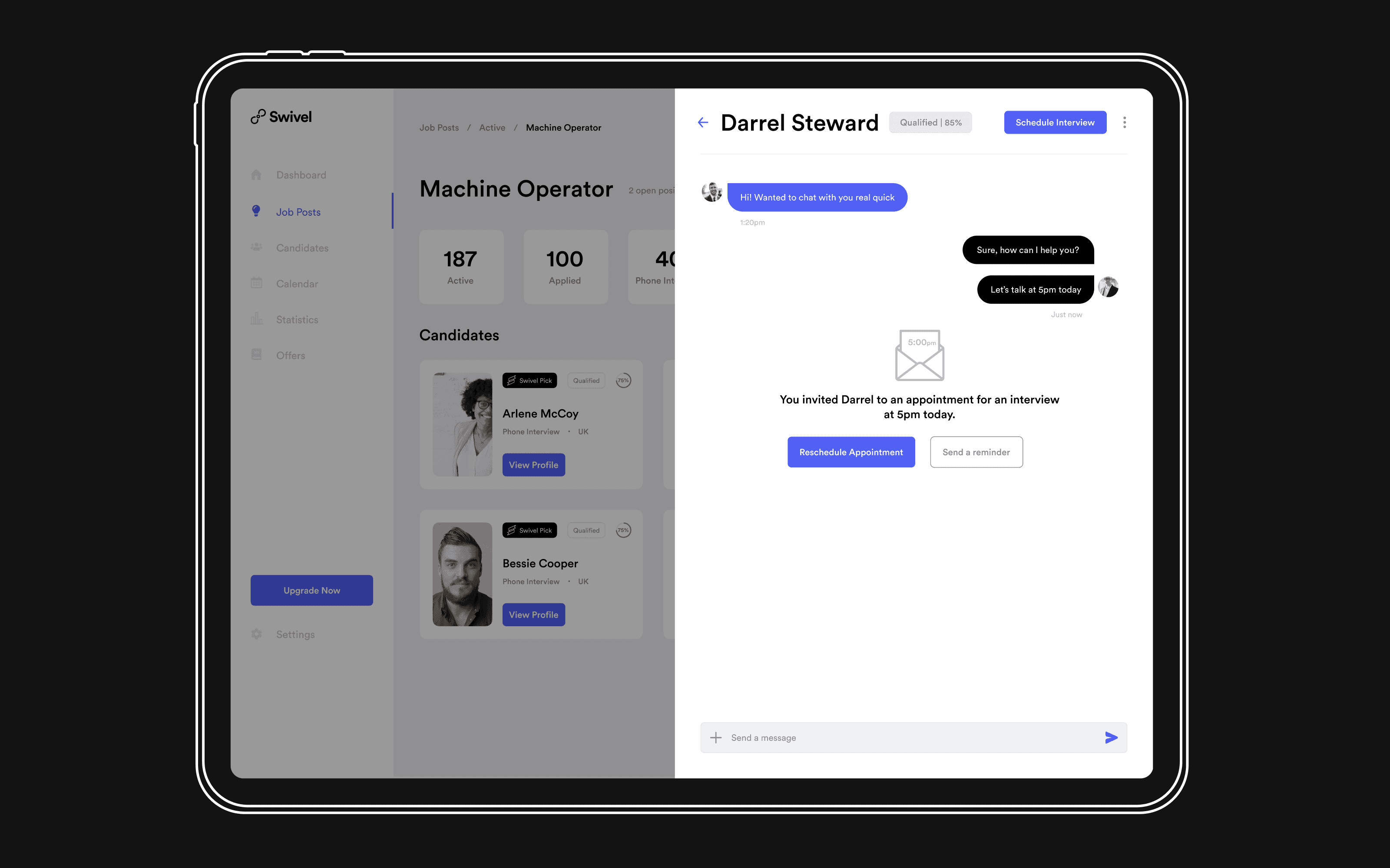 Recruiter chat on a tablet, with an interview invitation sent