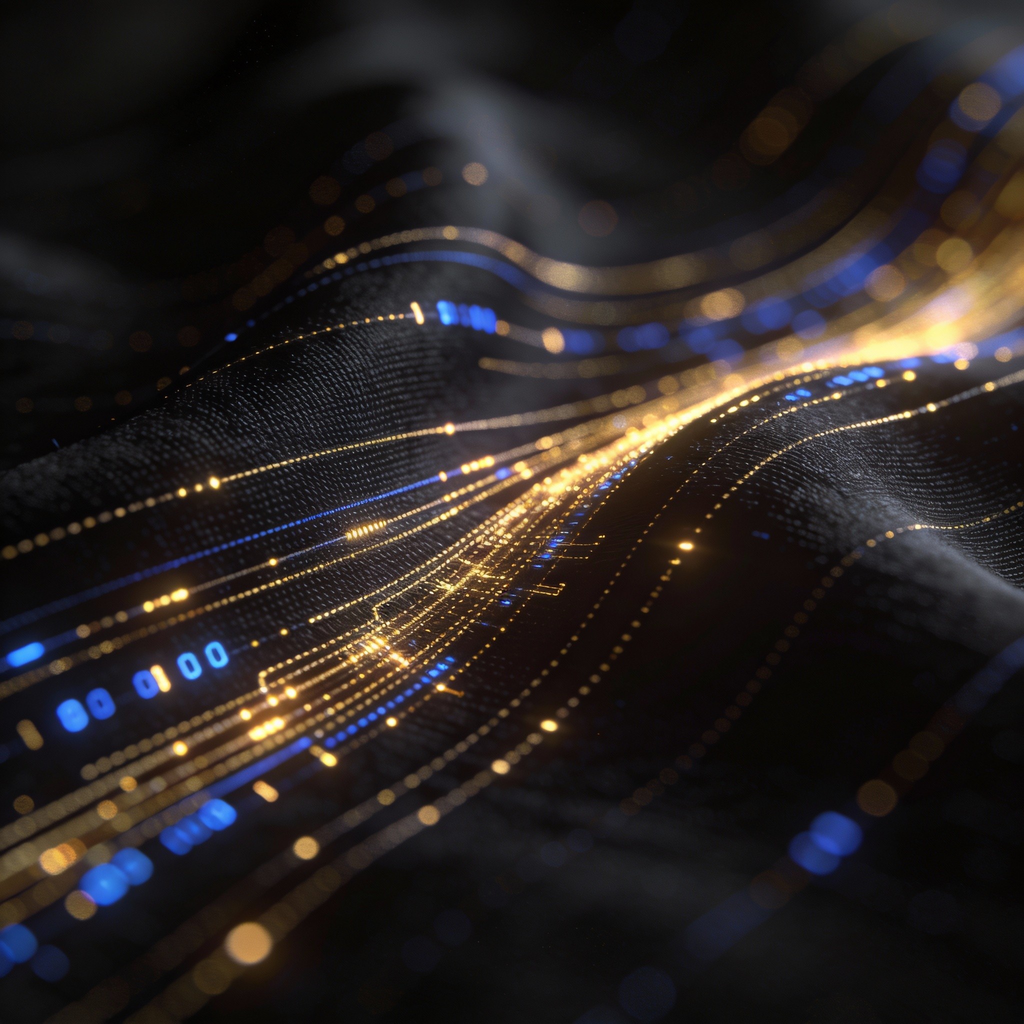 Abstract digital art showing flowing streams of golden and blue code weaving into a structured fabric, symbolizing custom web development and premium design precision.