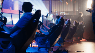 Wide shot of the racing rigs