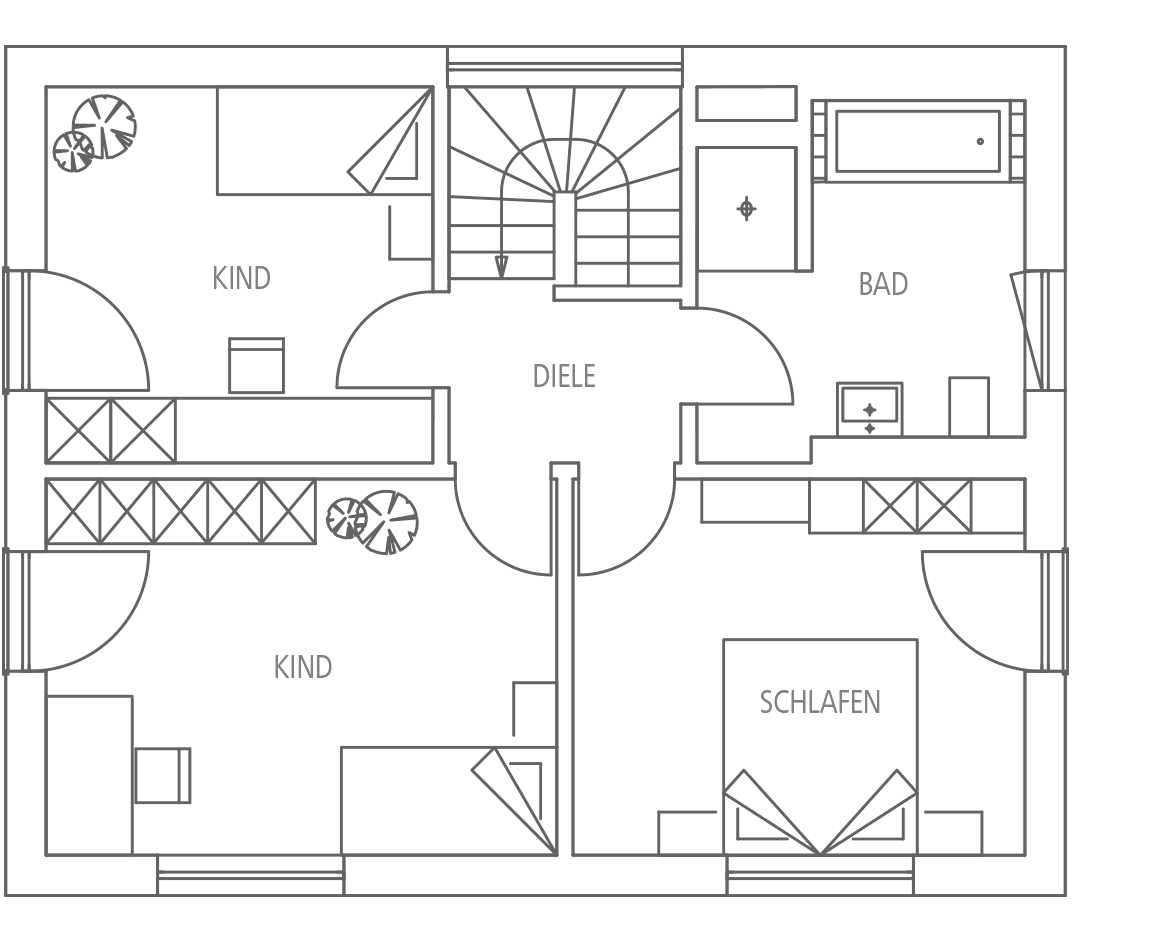 Grundriss. Enthält Diele, Bad, Schlafzimmer und zwei Kinderzimmer.