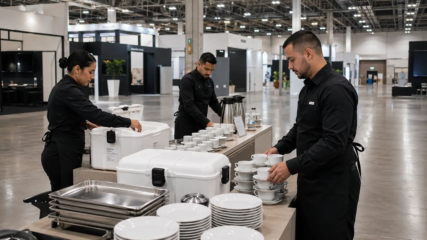Equipe de catering montando estande de feira em pavilhão de São Paulo antes da abertura