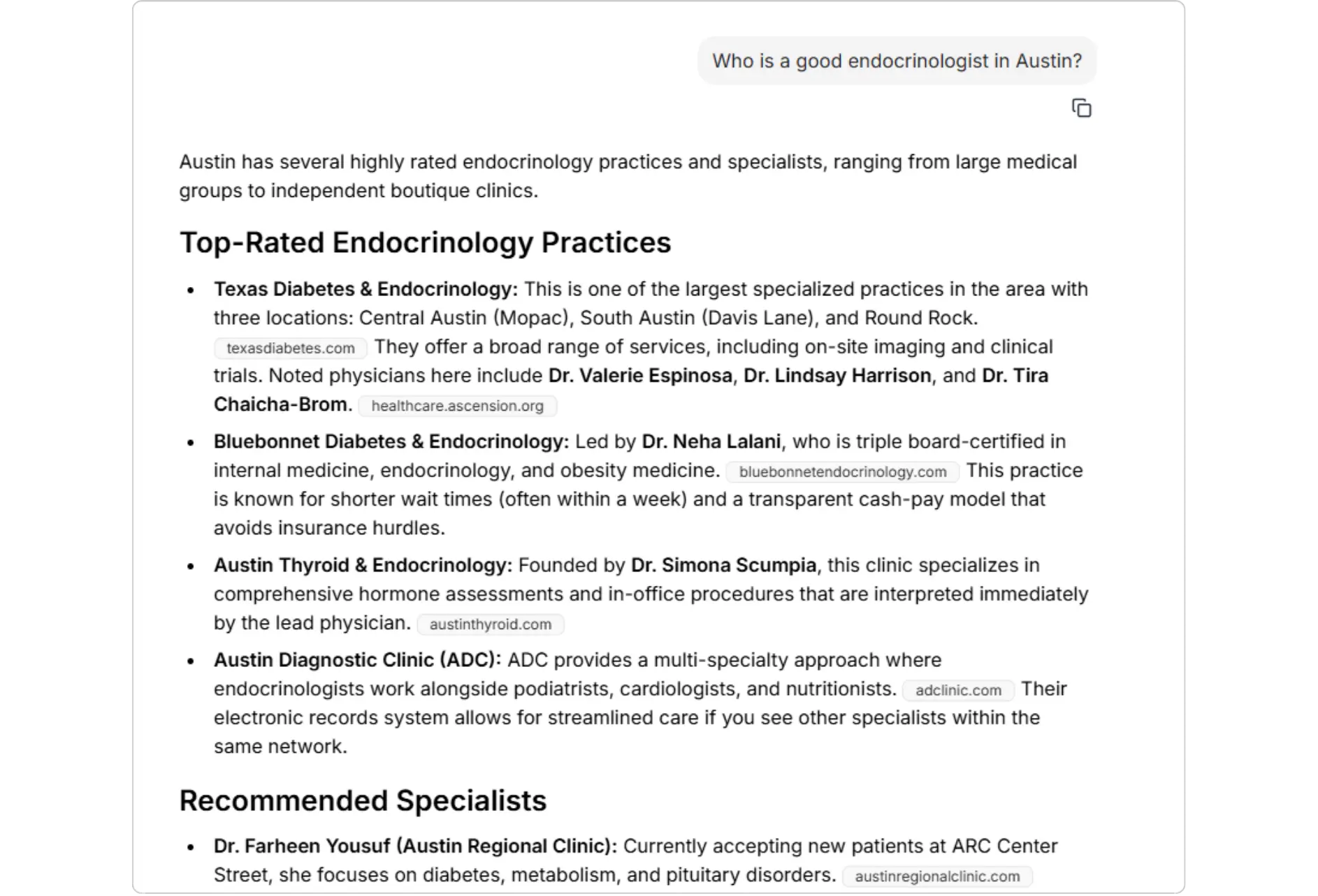 AI search of Good endocrinologist in Austin