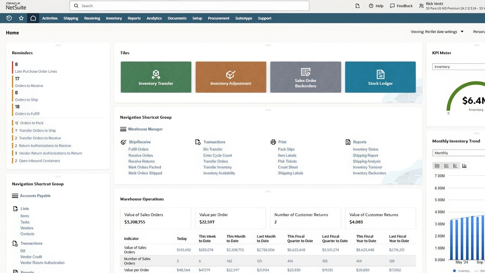 NetSuite's enterprise WMS operations dashboard