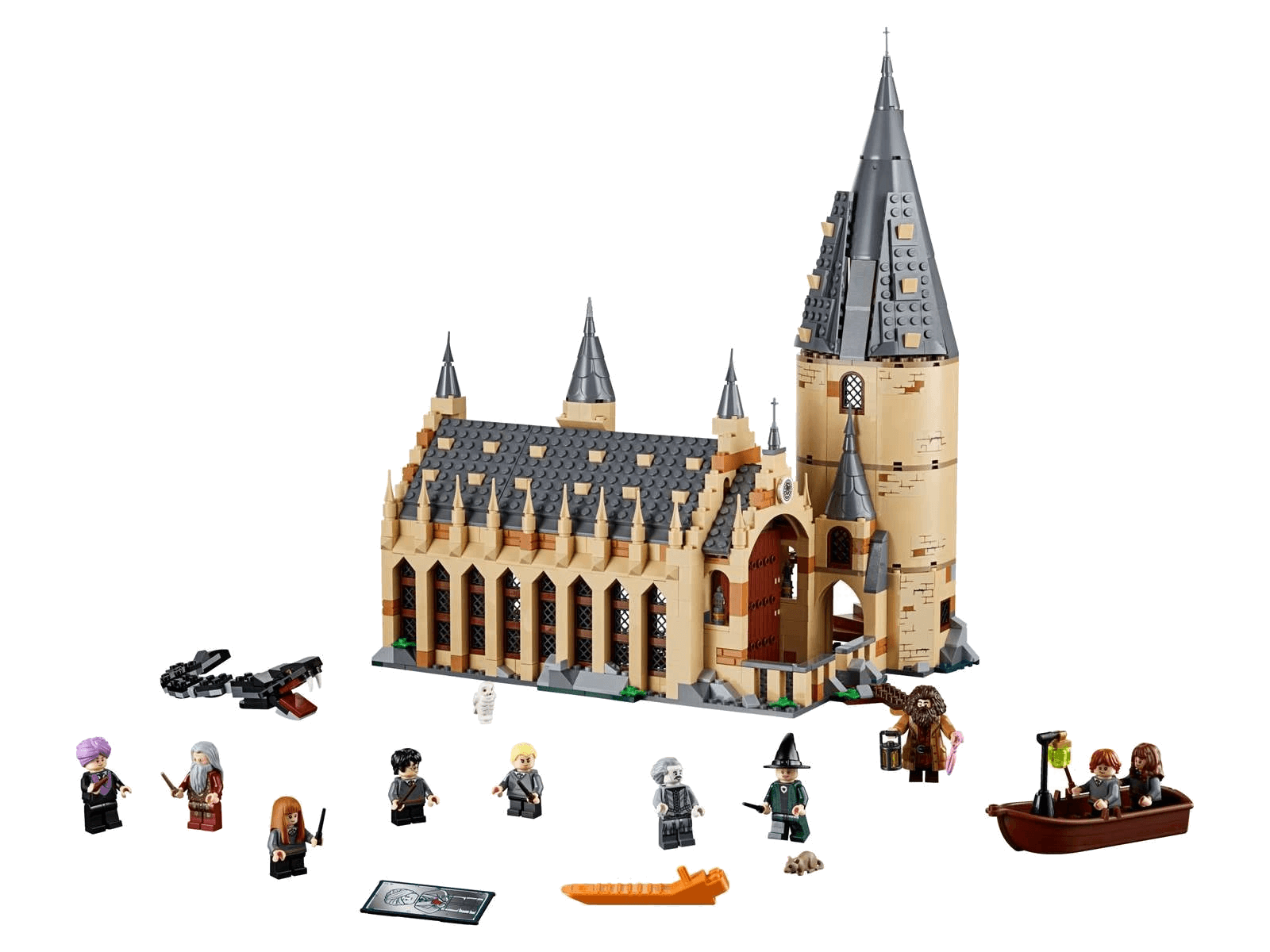 LEGO® Hogwarts™ Great Hall (sett 75954) - ferdigbygd sandfarget slottshall med ti minifigurer og robåt, Brikkenerd