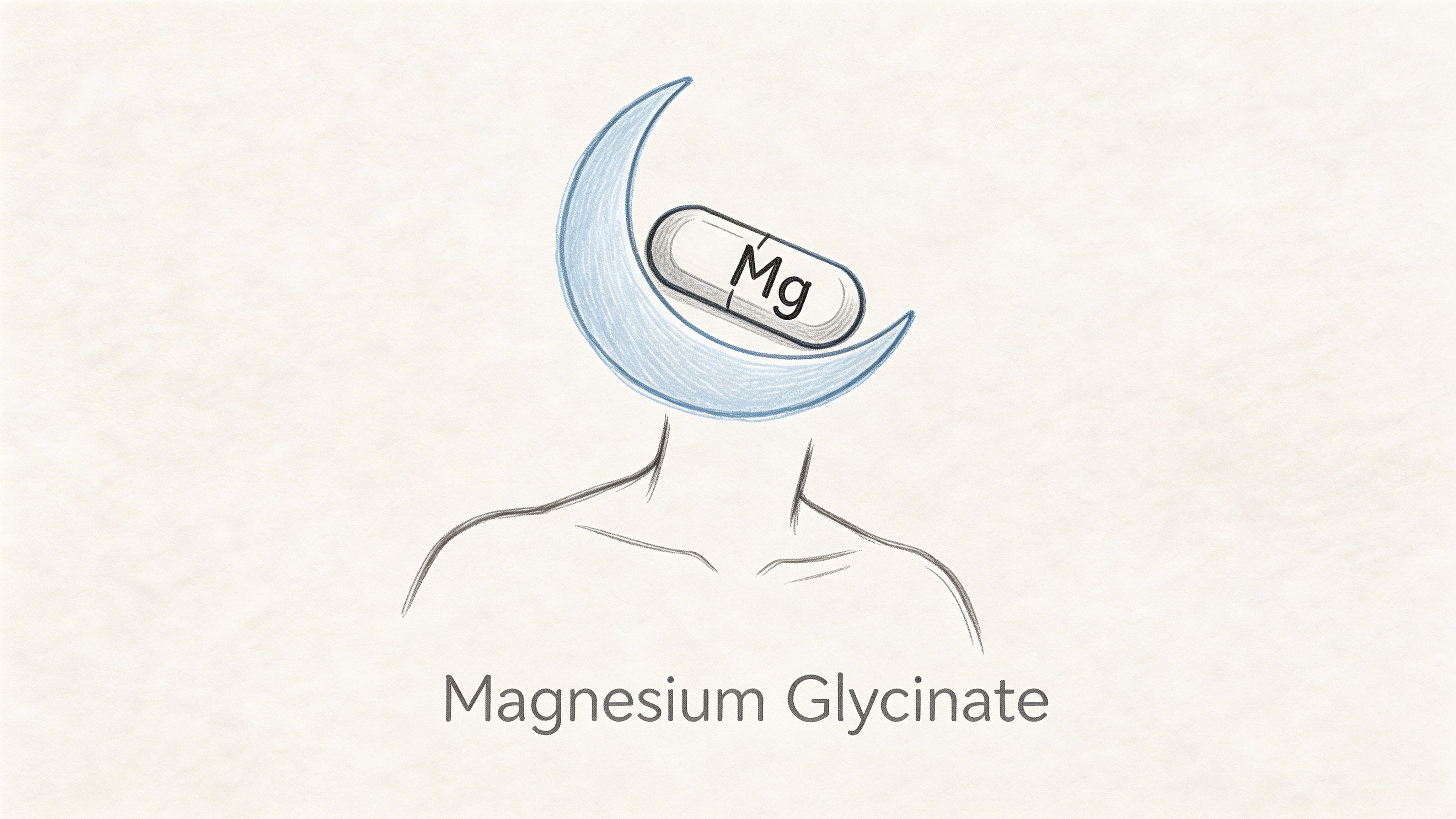 A minimalist sketch of a person with a crescent moon and a magnesium capsule as their head.