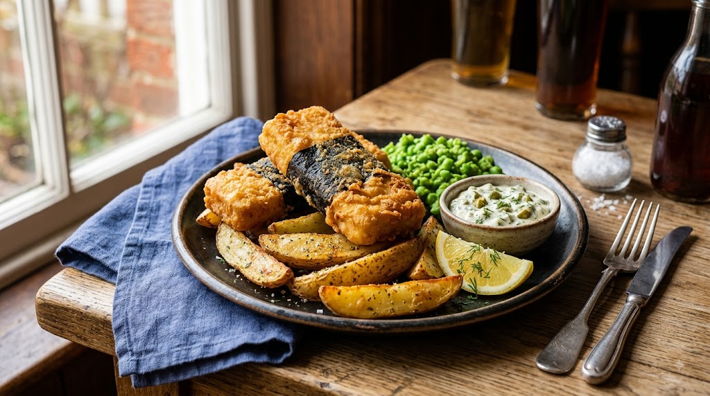 A dark ceramic plate of plant-based fish and chips featuring nori-wrapped tofu fillets, chunky baked potato wedges, mushy peas, vegan tartar sauce, and lemon slices on a rustic wooden pub table.