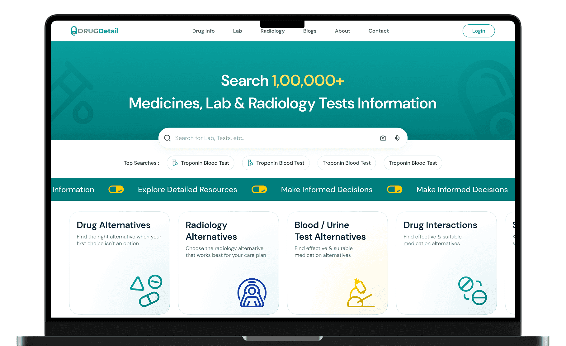 Drug detail main home page in laptop mockup